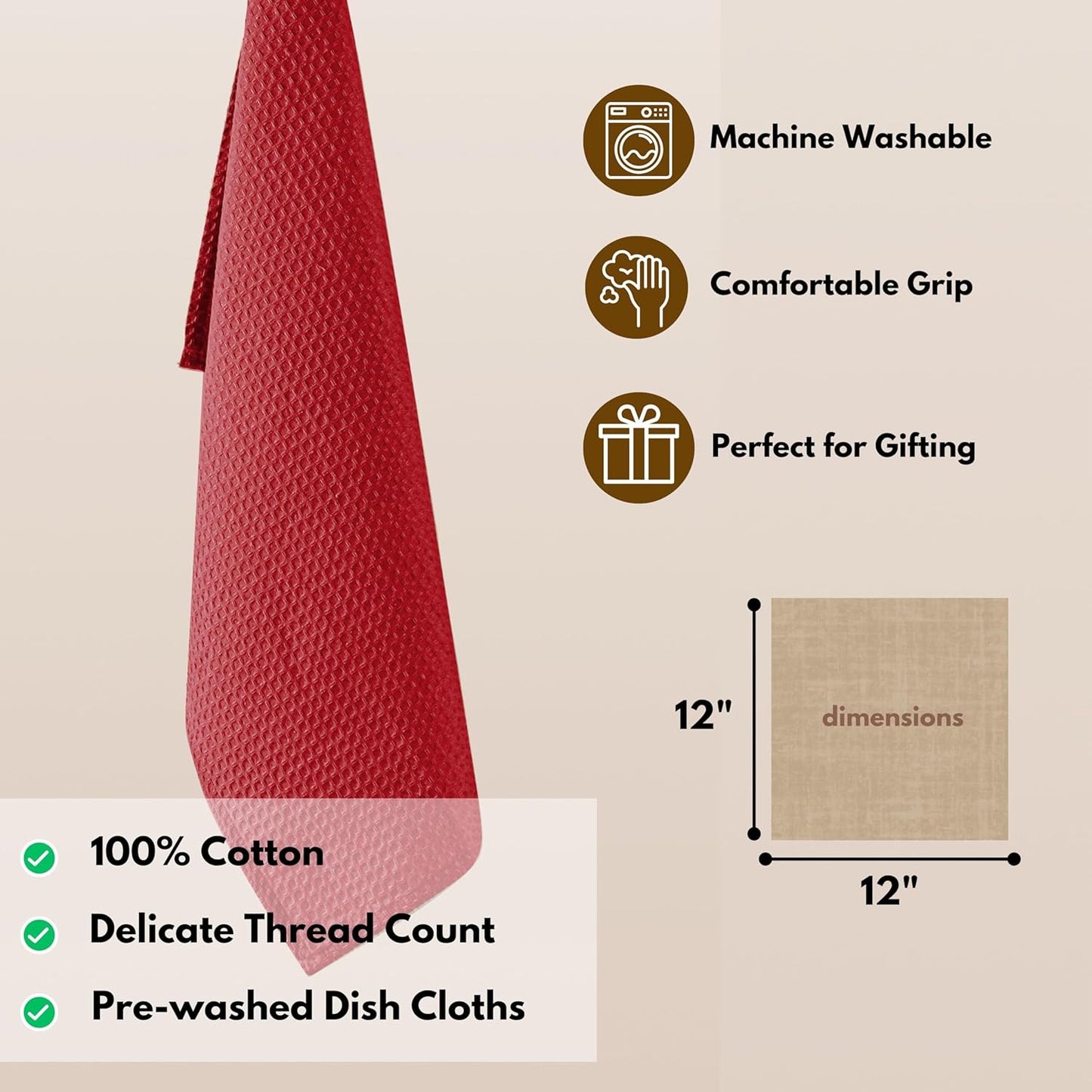 Native Fab 12 Pack Dish Cloths - 100% Cotton, Absorbent, Quick Drying, Washable Towels for Cleaning, Cooking, Baking - Perfect for Home, Restaurants, Bars & Multi Purpose Use - 12x12 Inches - Red