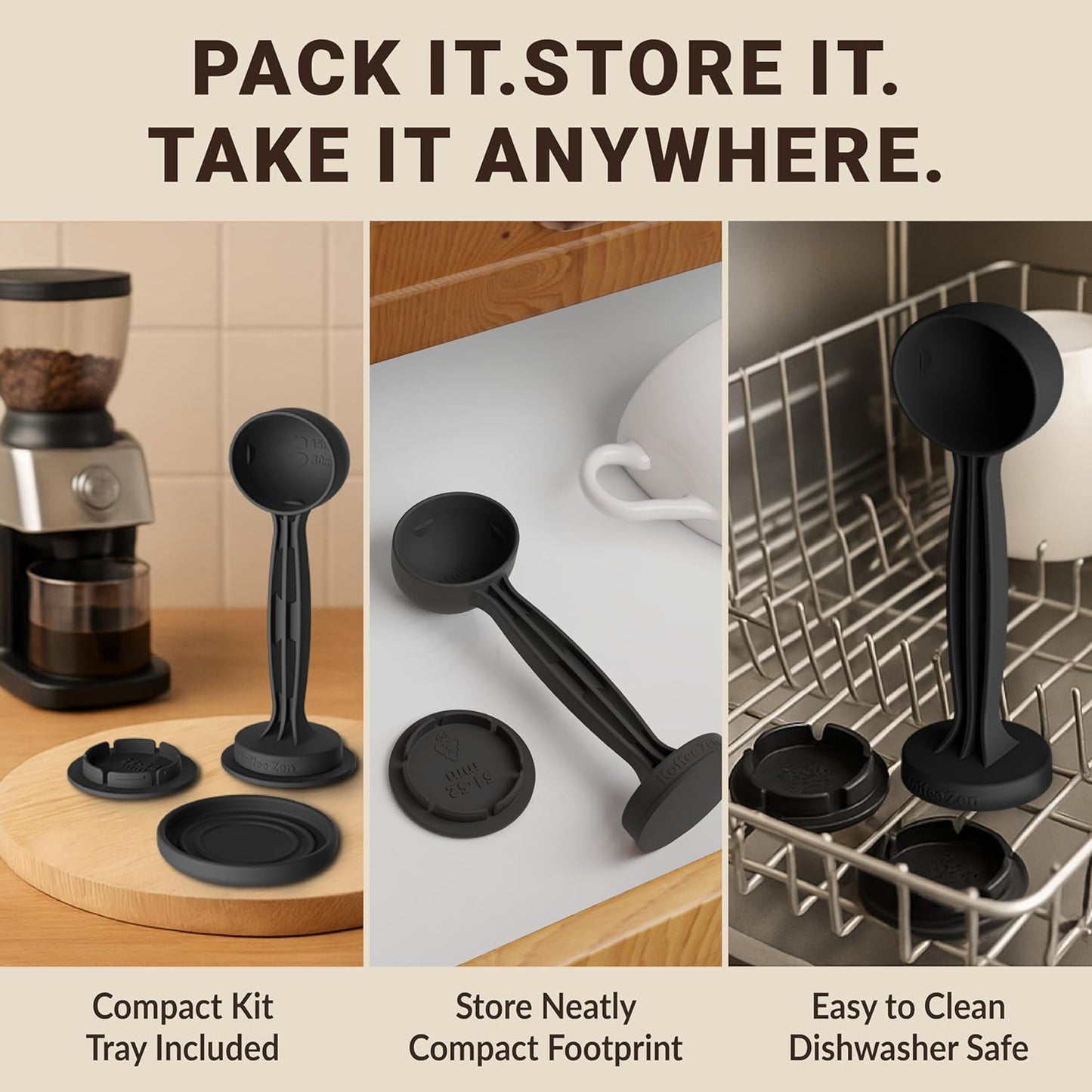 Koffee Zen Espresso Tamper Set, 5 Interchangeable Sizes (49–58mm), Dual Coffee Scoop (1 & 2 TBSP), Fits Breville, Delonghi & More