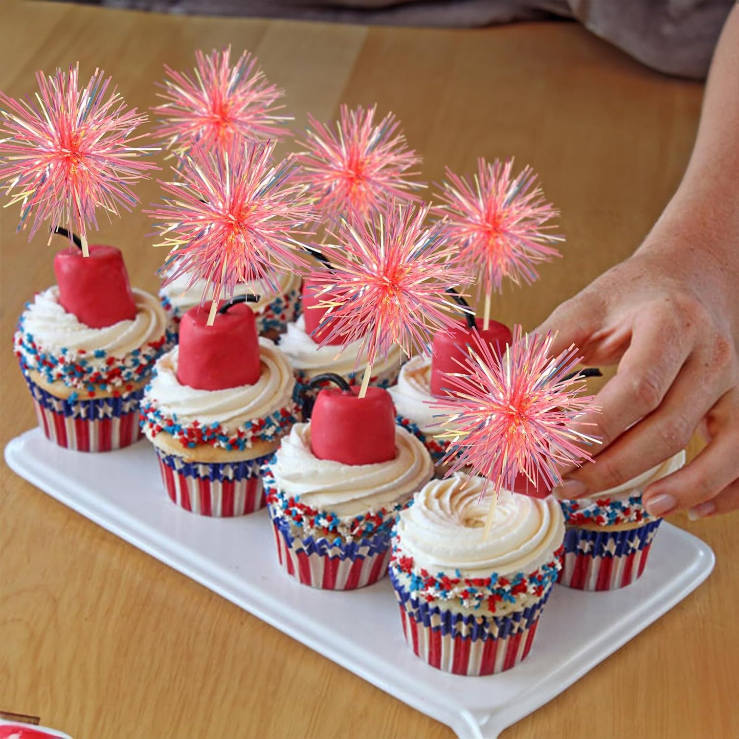 Gyufise 30Pcs Foil Firework Cupcake Toppers Sparkle Tinsel Cake Toppers Tinsel Drink Cake Decoration Cocktail Picks for Birthday Wedding Graduation Party Supplies Laser Orange