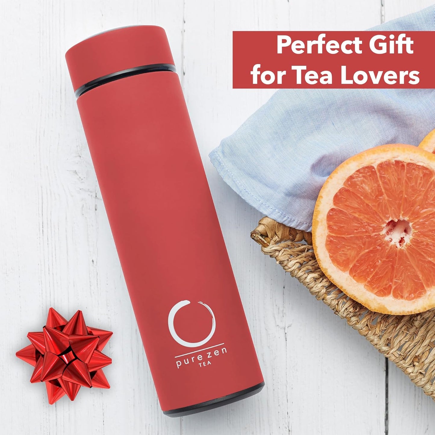 Pure Zen Tea Thermos with Infuser for Hot and Cold Infusions - Stainless Steel - Tea Infuser Bottle - Leakproof Travel Mug with Filter - 15oz - Red