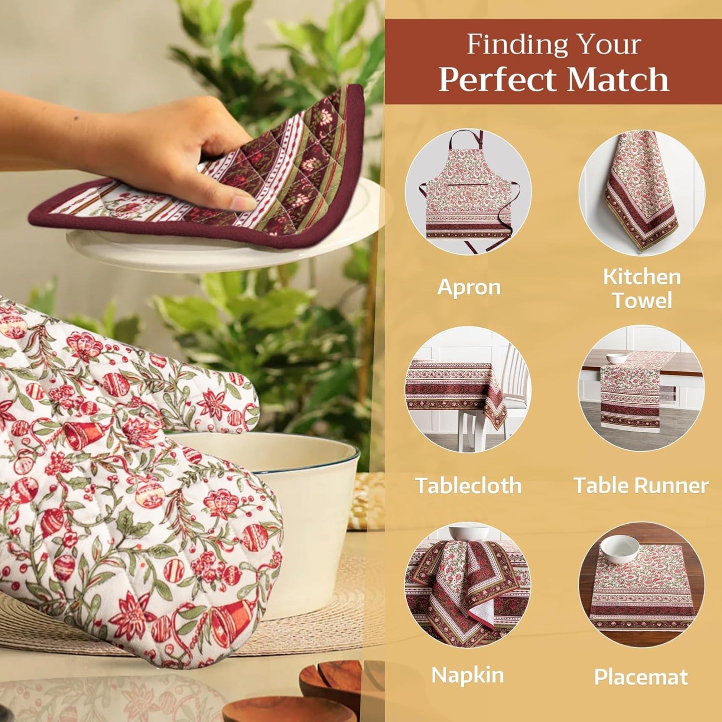 Maison d' Hermine Oven Gloves 100% Cotton Oven Mitt 7" x 13" with Loop Heat Resistant, BBQ, Cooking Gloves, Baking, Grilling, Kitchen, Handling Hot Pans (Pack of 1, Reveillon Au Jardin)