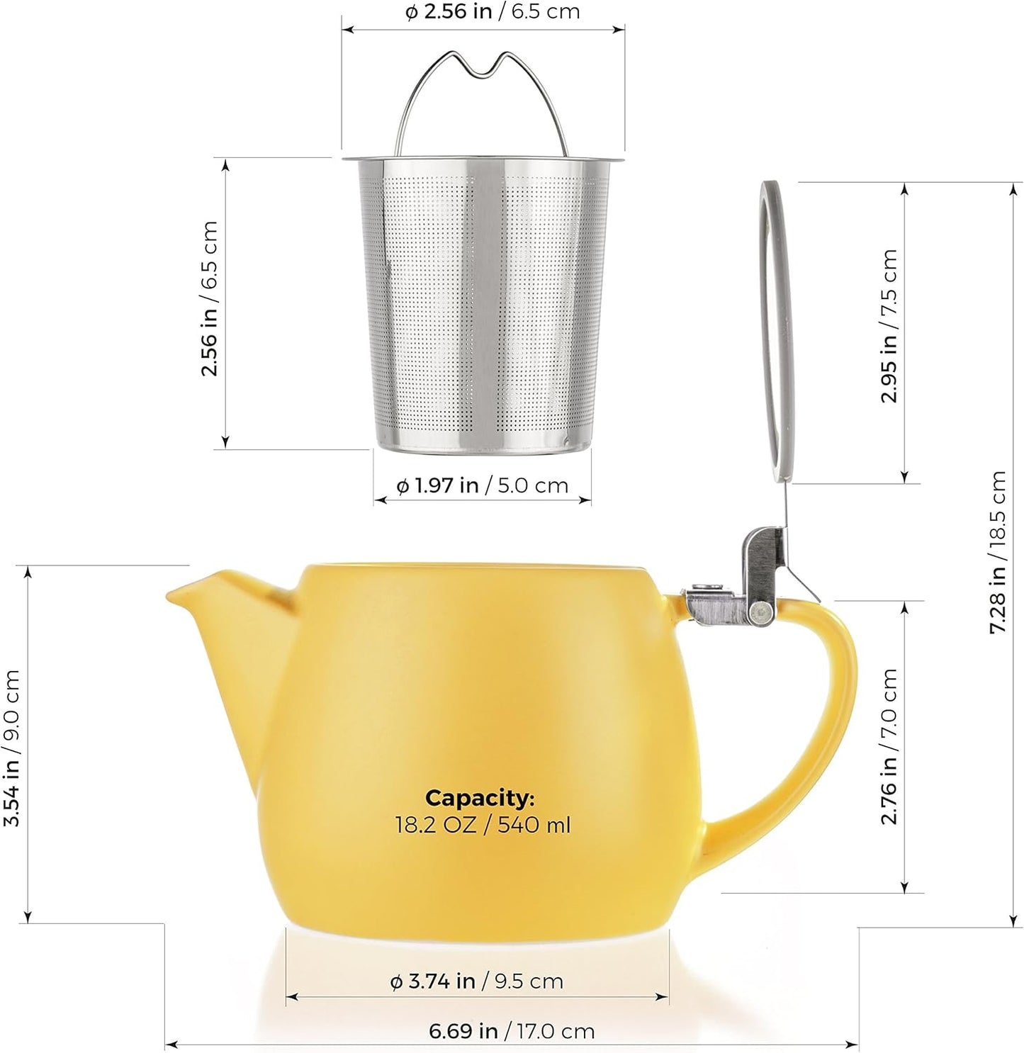 Tealyra - Pluto Porcelain Small Teapot Yellow - 18.2-ounce (1-2 cups) - Matte Finish - Stainless Steel Lid and Extra-Fine Infuser To Brew Loose Leaf Tea - 540ml