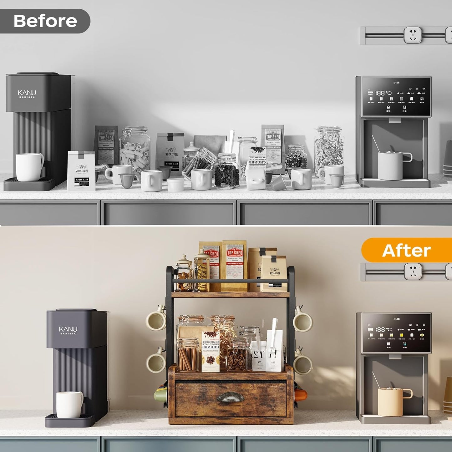 Homeiju Coffee Station Organizer, 40 Coffee Pods Storage & 8 Mug Hooks,Nespresso Pods Holder, Space-Saving Countertop Storage, Rustic Brown