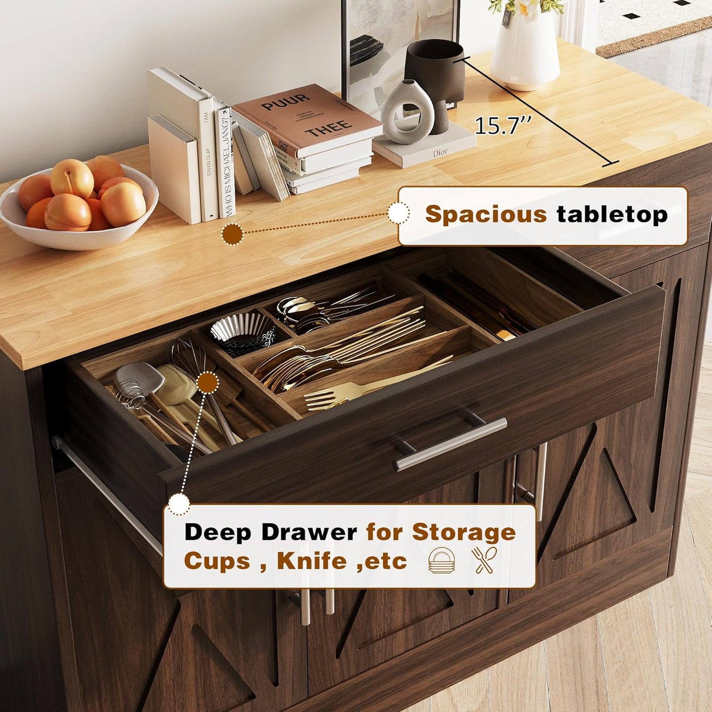 Vongrasig 43” Sideboard Buffet Cabinet with Storage, Farmhouse Coffee Bar with Drawers and Shelves, Wood Buffet Table for Kitchen Dining Room, Living Room, Rustic Brown