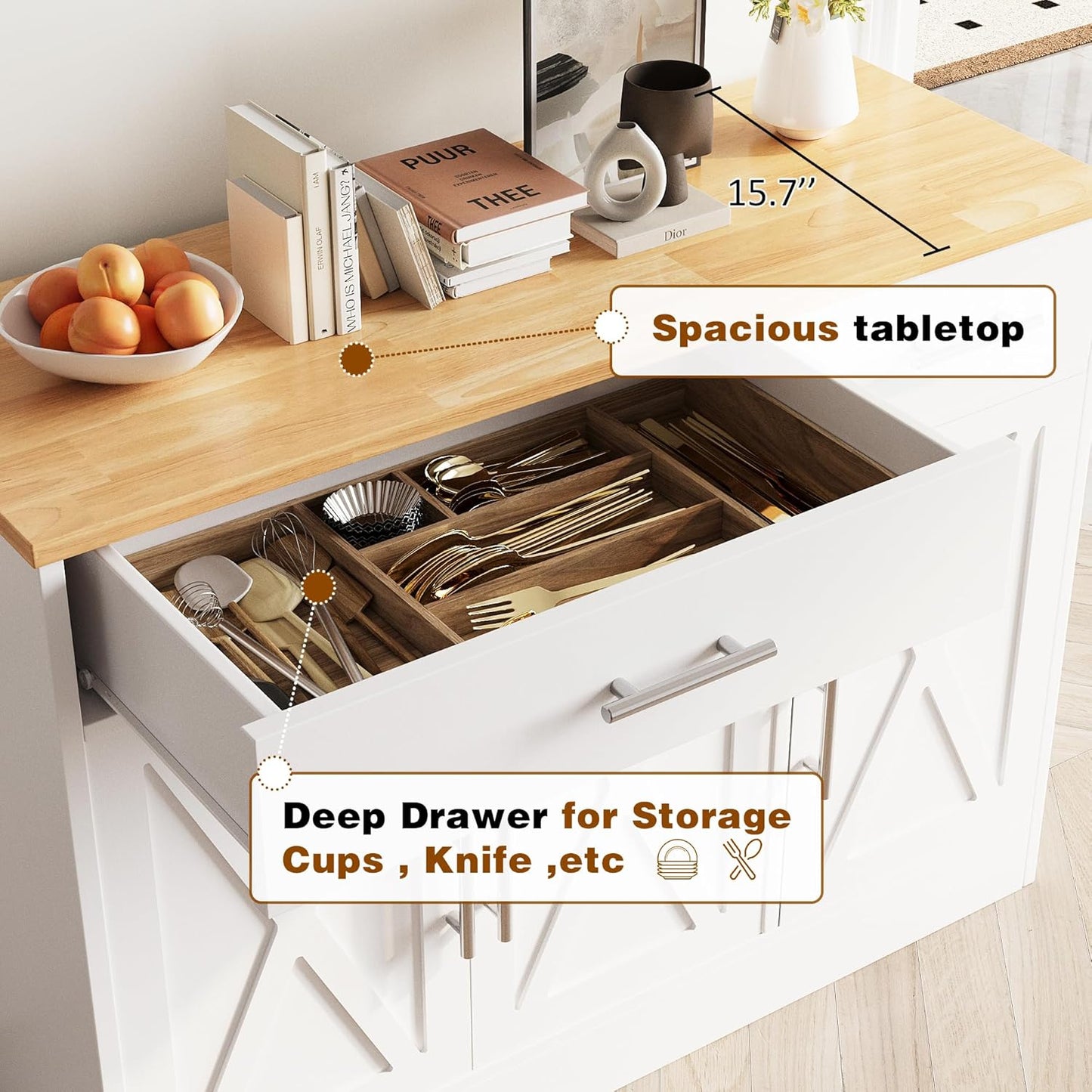 Vongrasig Buffet Cabinet with Drawers, 43” Coffee Bar Cabinet Farmhouse Kitchen Buffet Storage Cabinet with 3 Doors, Wood Buffet Table for Kitchen Living Room,White