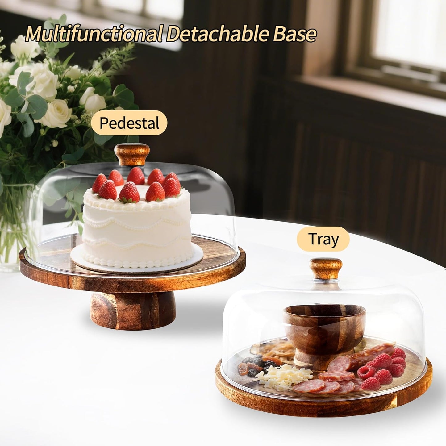 Wood-Cake-Stand With Acrylic Dome Lid, Round Wooden Cake Holder Plate With Cover, 2-in-1 Dessert Table Display Set For Party, Charcuterie Board For Cheese, Chips & Dips, Nachos, Fruit Platter