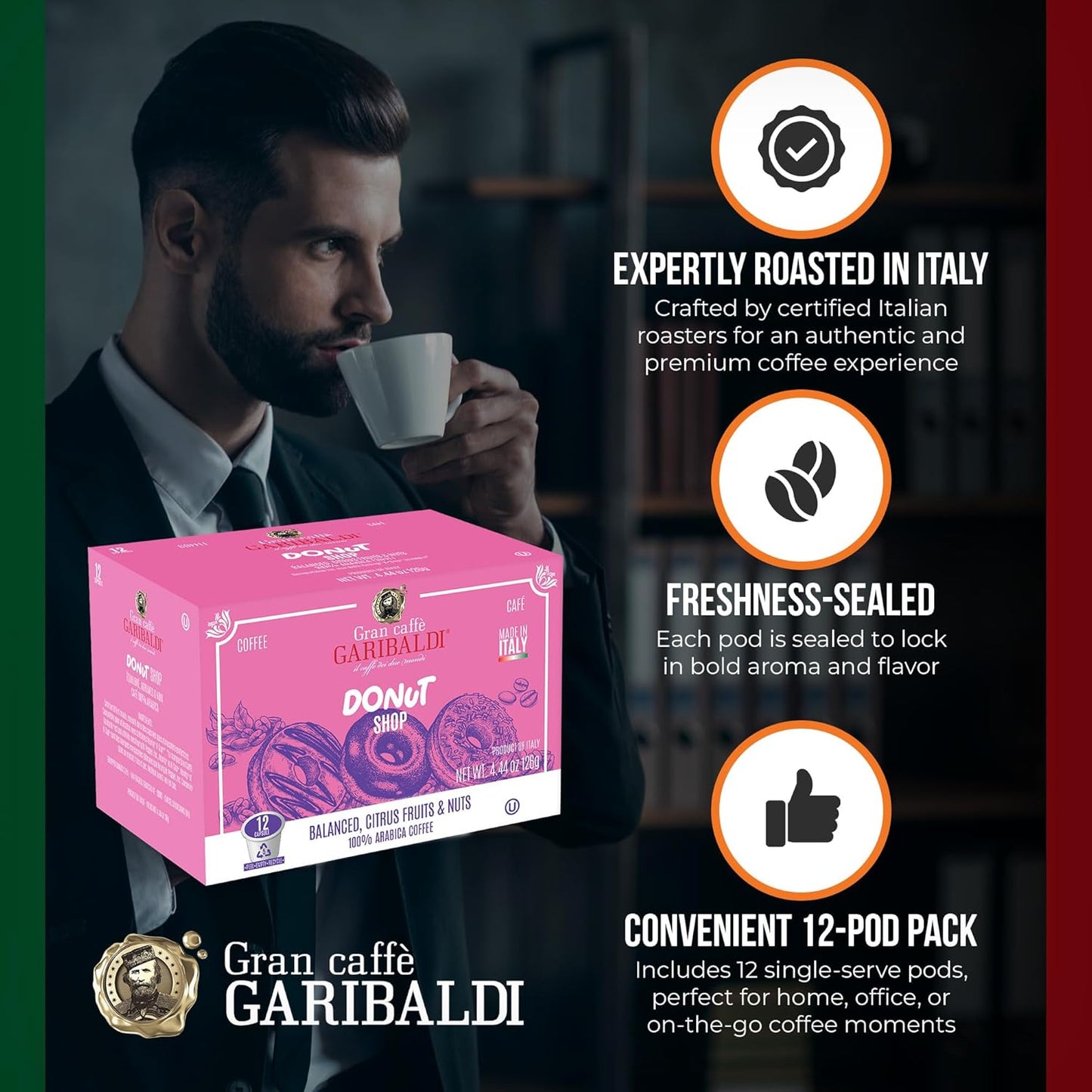 Caffè Garibaldi Donut Shop Coffee Pods, Single-Serve Capsules for Keurig K-Cup Brewers, Single Serve Cups with 100% Arabica Blend, 72 Count Recyclable Coffee Pods - Light Roast