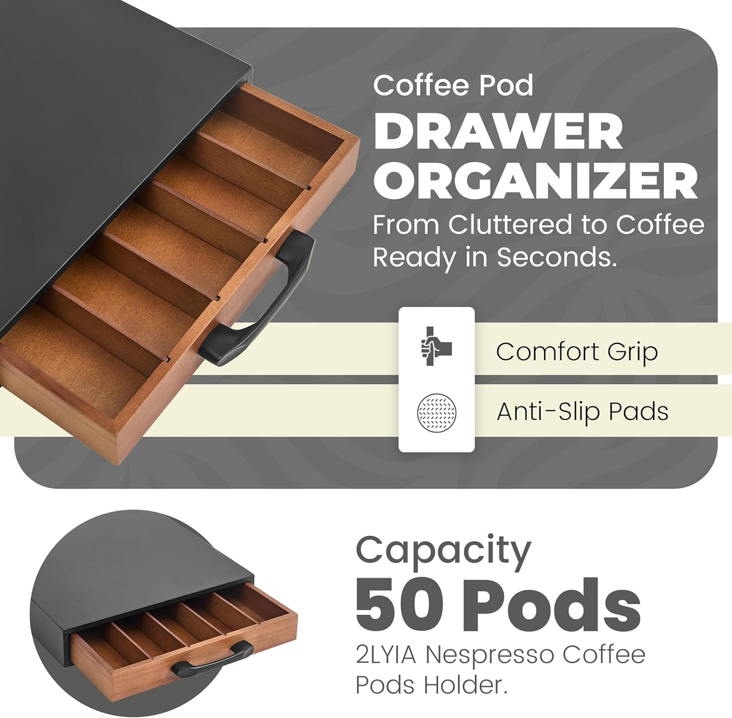 Coffee Pod Holder Compatible with Nespresso OriginalLine Capsules β 50-Pod Acacia Wood Drawer Organizer with Anti-Slip Base β Space-Saving Coffee Capsule Storage for Espresso Stations & Countertops