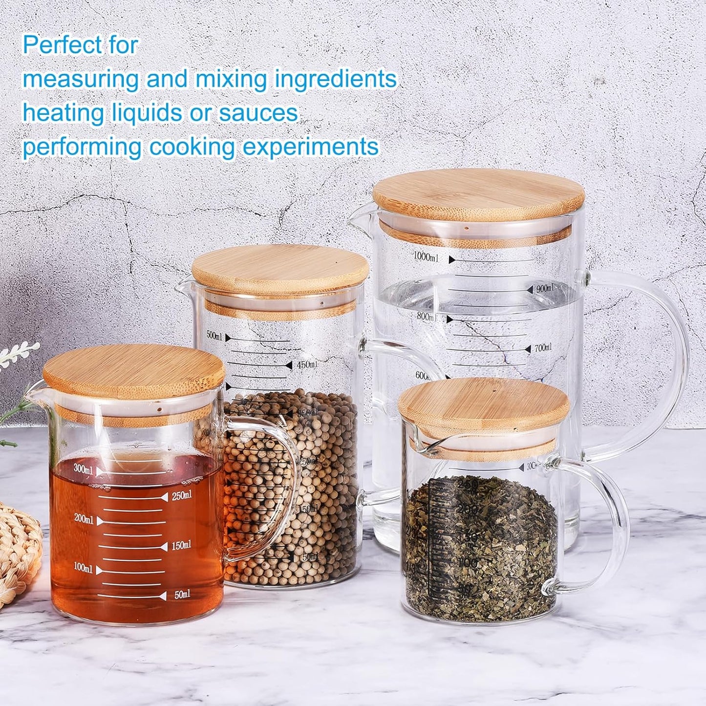 PATIKIL 500ml Glass Measuring Cup, 3.3 Borosilicate Glass Graduated White Printed Scale Liquid Measure Cups Beaker with Wood Lid and V-Shaped Spout for Kitchen