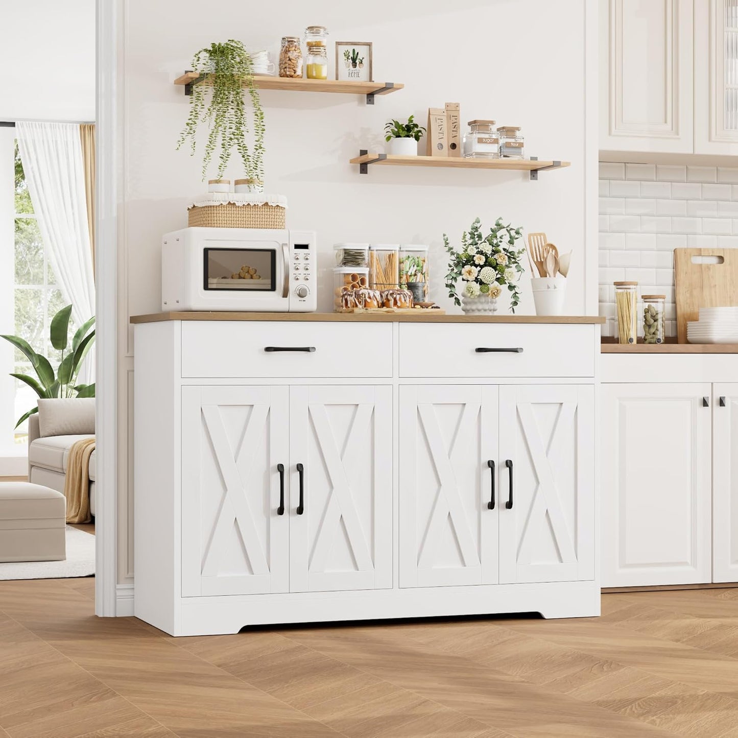 HOSTACK Buffet Cabinet with Storage, 47.2" Kitchen Sideboard Buffet with Drawers, Modern Farmhouse Coffee Bar Station with Shelves, Barn Doors Storage Cabinet for Living Room, White/Rustic Brown