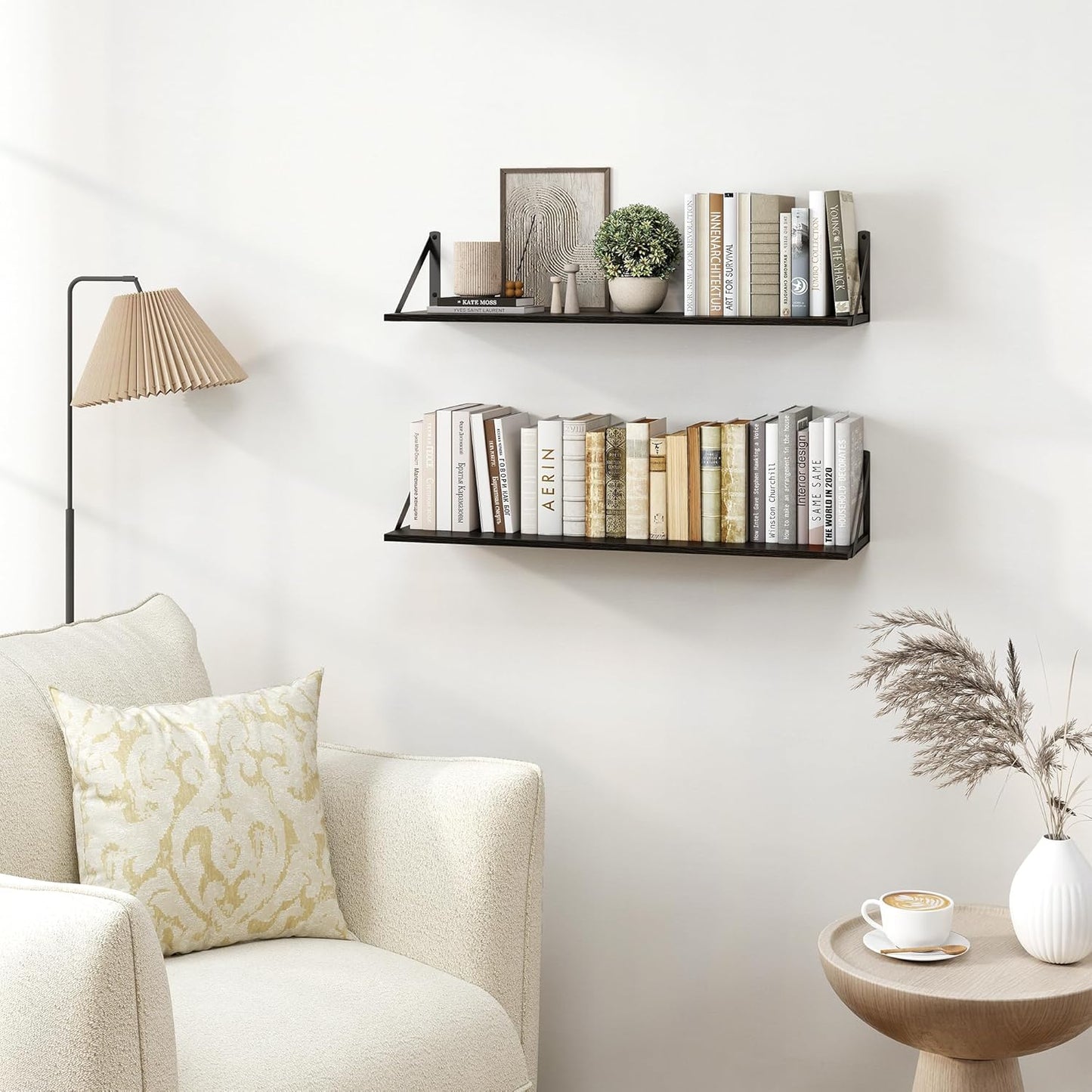 Heimlove Black Deep Floating Shelves for Wall, 30W x 8D Wood Wall Shelves Set of 2, Wide Floating Bookshelf for Living Room, Kitchen, Office, Bedroom and Decor Storage, with Metal Bracket - Black