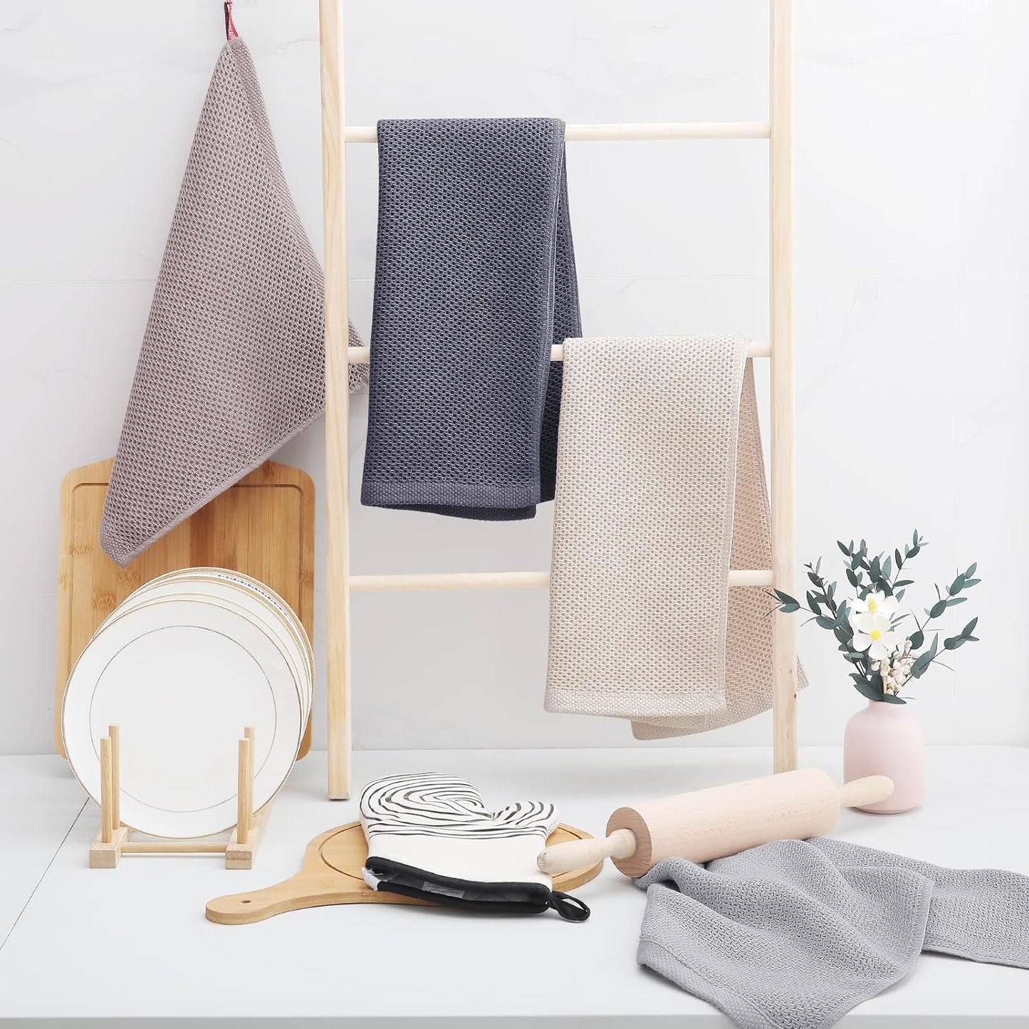 Homaxy 100% Cotton Waffle Weave Kitchen Dish Towels, Ultra Soft Absorbent Quick Drying Cleaning Towel, 13 x 28 Inches, 6-Pack, Mixed Color