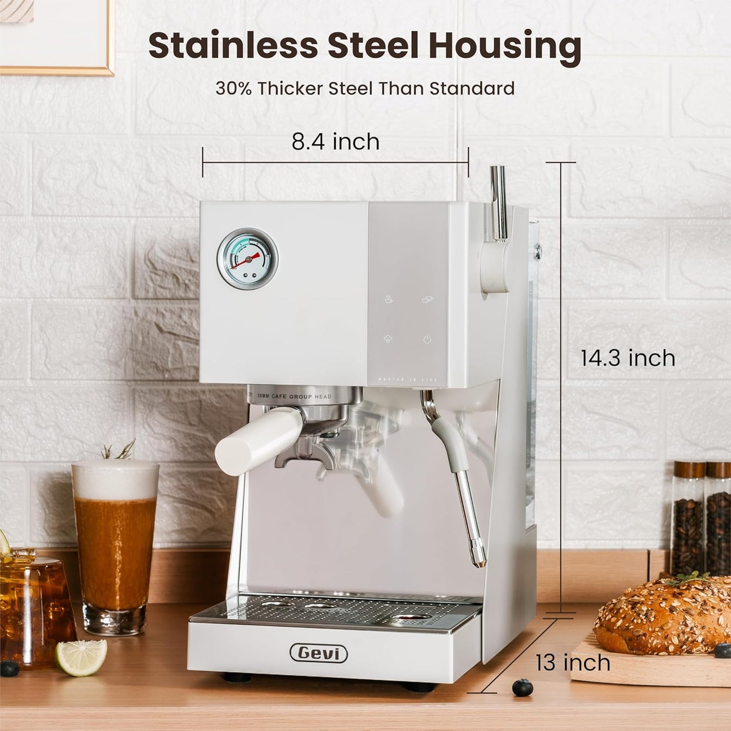 Gevi Espresso Machine with OPV, 20Bar Espresso Maker with Milk Frother Steam Wand, Dual Display, 58mm Portafilter, Stainless Steel Espresso Machines for Espresso/Latte/Cappuccino, White