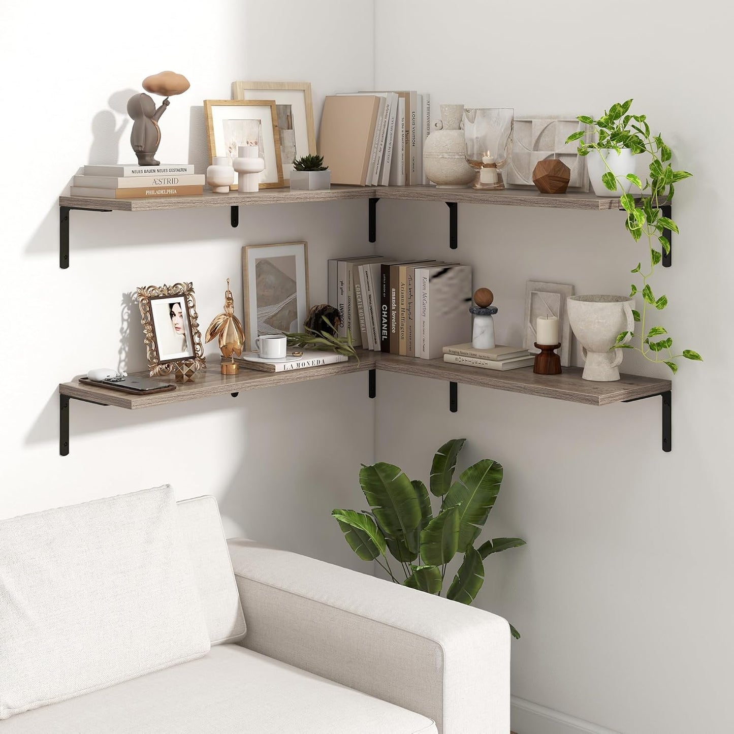 Fun Memories Deep Floating Shelves, 36W x 8D Floating Shelves Set of 2, Wall Mounted Shelf with Metal Brackets, Rustic Wood Wall Shelf for Bathroom, Kitchen and Living Room, Grey