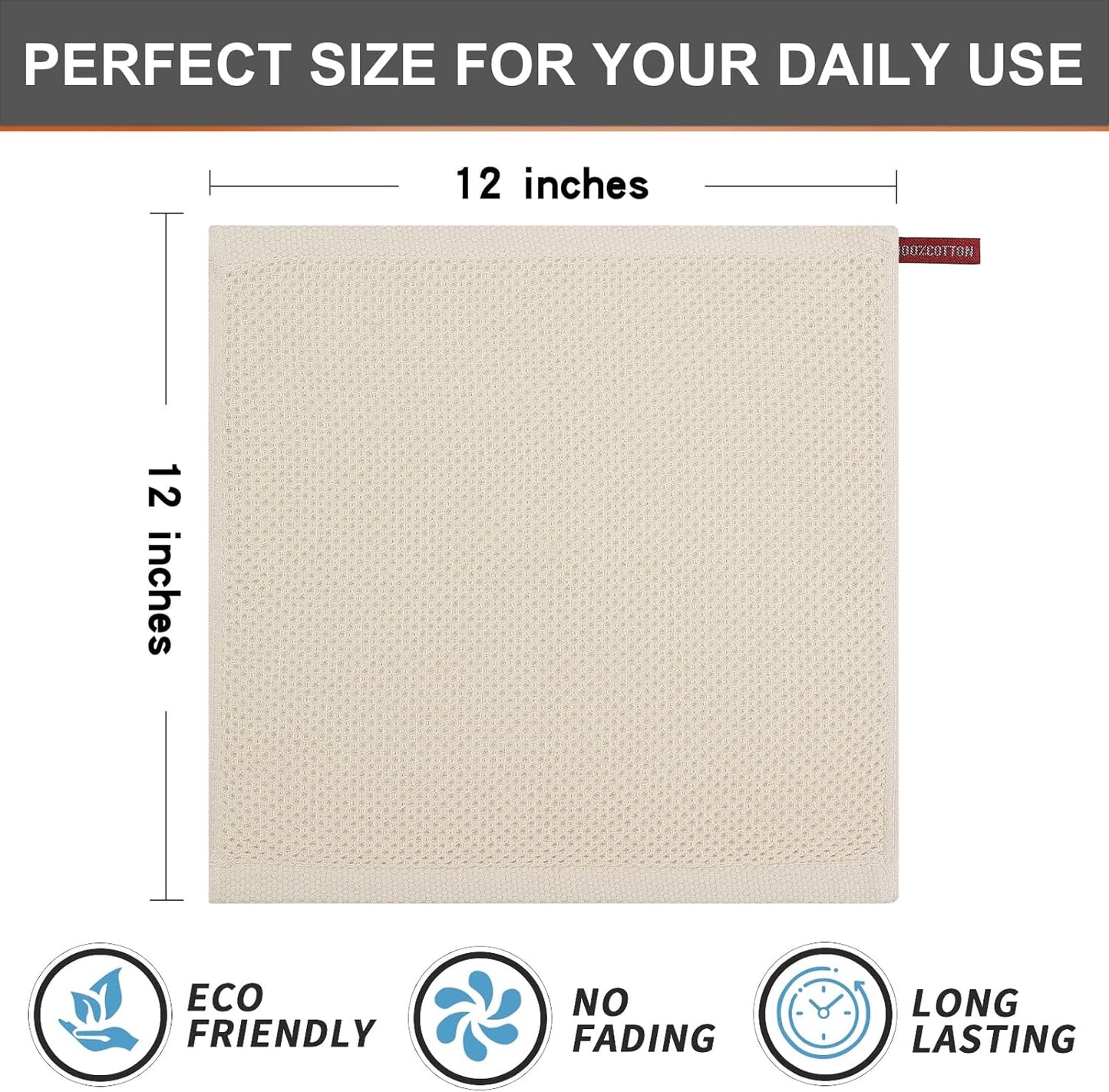 Kitinjoy 100% Cotton Kitchen Dish Cloths, 6-Pack Waffle Weave Dish Towels for Drying Dishes Super Soft Absorbent Quick Drying Dish Rags, 12 X 12 Inches, Beige