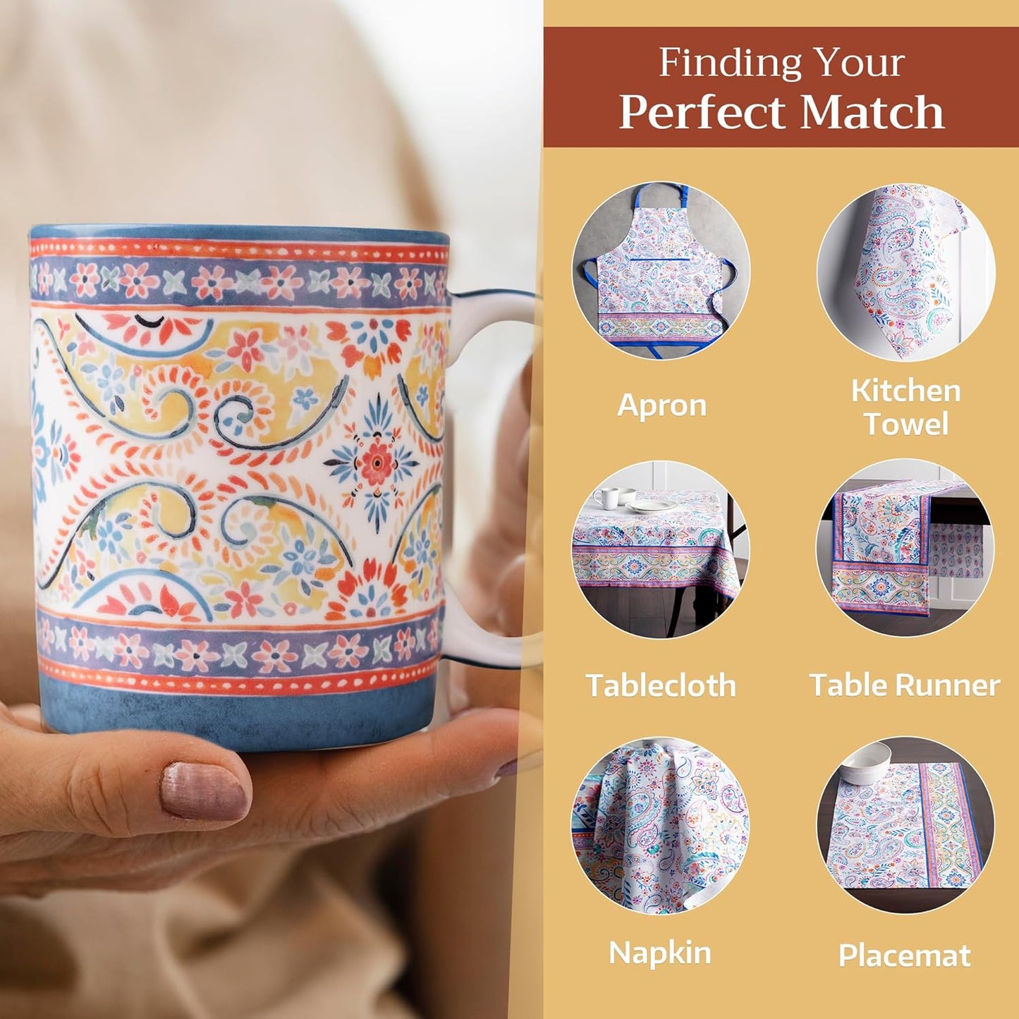 Maison d' Hermine Coffee Mug with Handles Fine Bone China Mugs Pack of Two Tea Cups for Hot Beverages Cappuccino Latte Home Restaurant Office Perfect for Gift (Indian Floral, 15 Ounce)