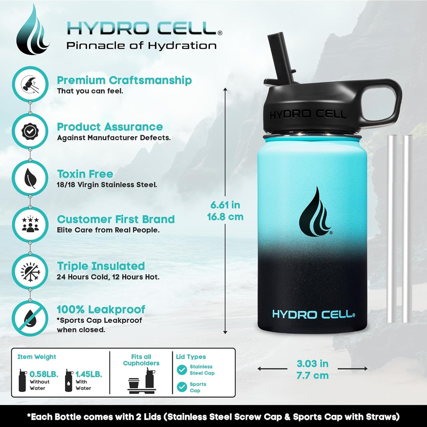 HYDRO CELL Stainless Steel Insulated Water Bottle with Straw - For Cold & Hot Drinks - Metal Vacuum Flask with Screw Cap and Modern Leakproof Sport Thermos for Adults (Teal/Black 14oz)