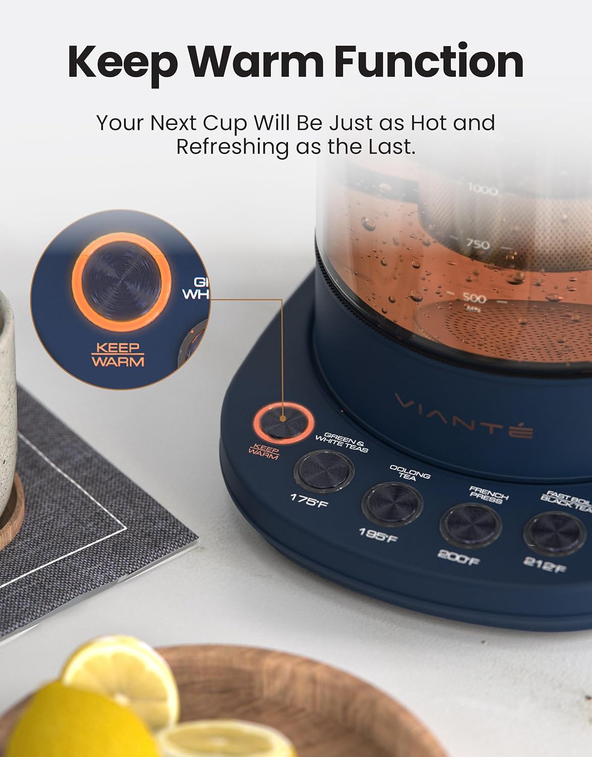 Vianté Electric Kettle With Infuser For Loose Leaf Tea. Hot Tea Maker With Temperature Control And Automatic Shut Off. Kettle With Brewing Programs. 1.5 Liters Capacity | Midnight Blue Color