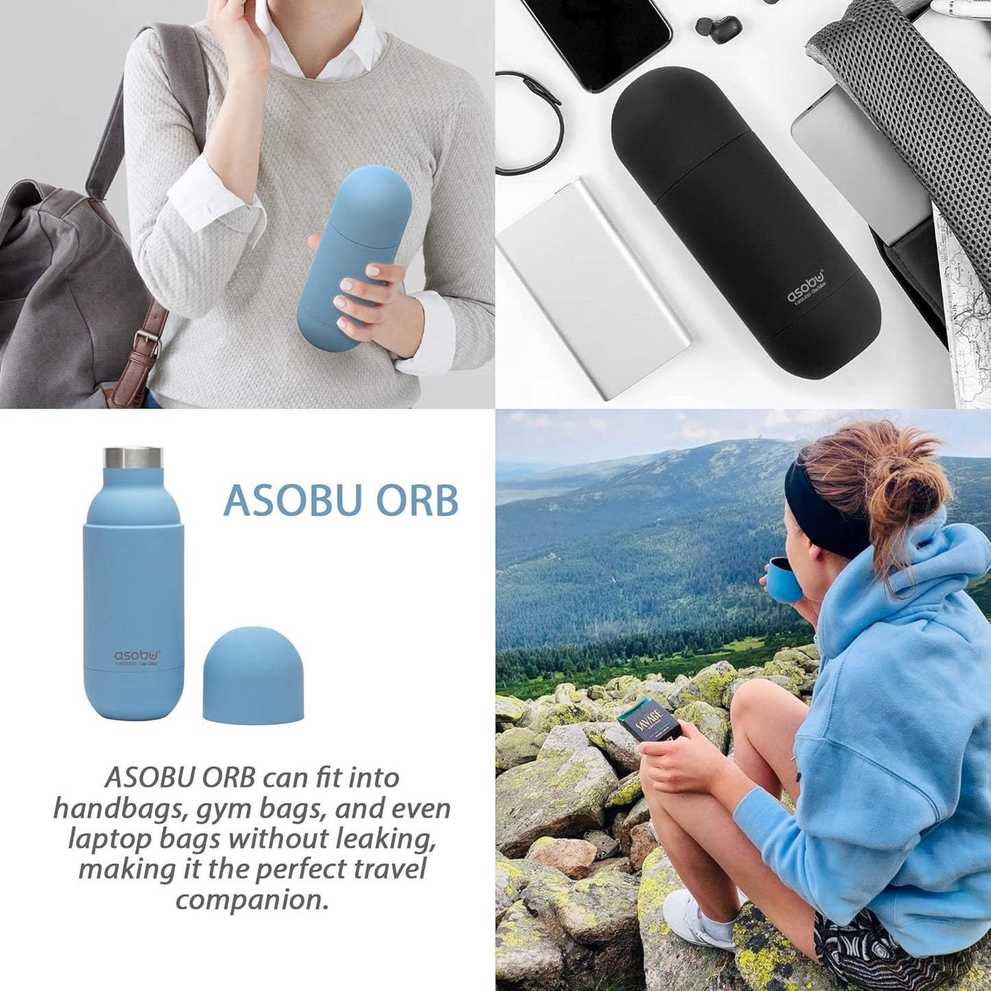 asobu Orb Stainless Steel Double Wall Insulated Travel Water Bottle – Lid Doubles as a Cup 14 Ounce (Blue)…