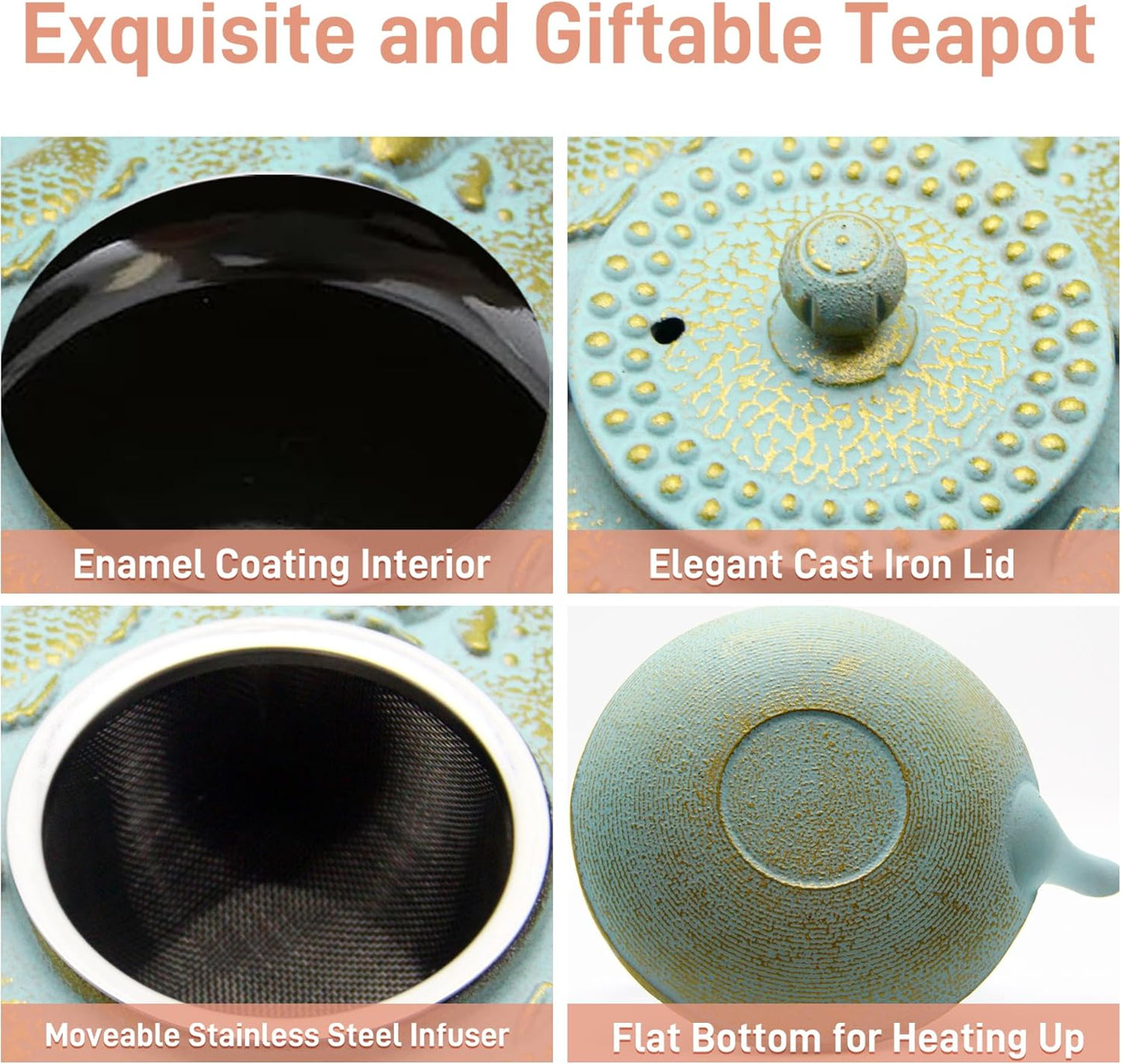 27.1oz Small Cast Iron Teapot, SECHUDO Japanese Style Tea Kettle Coated with Enameled Interior for Stovetop Safe,Cast Iron Tea Pot with Stainless Steel Strainer for Loose Leaf,Flat Fish Pattern(800ml)