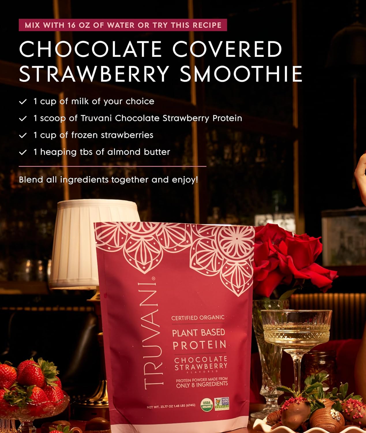 Truvani Vegan Pea Protein Powder | Chocolate Strawberry | 20g Organic Plant Based Protein | 1 Serving | Keto | Gluten & Dairy Free | Low Carb | No Added Sugar