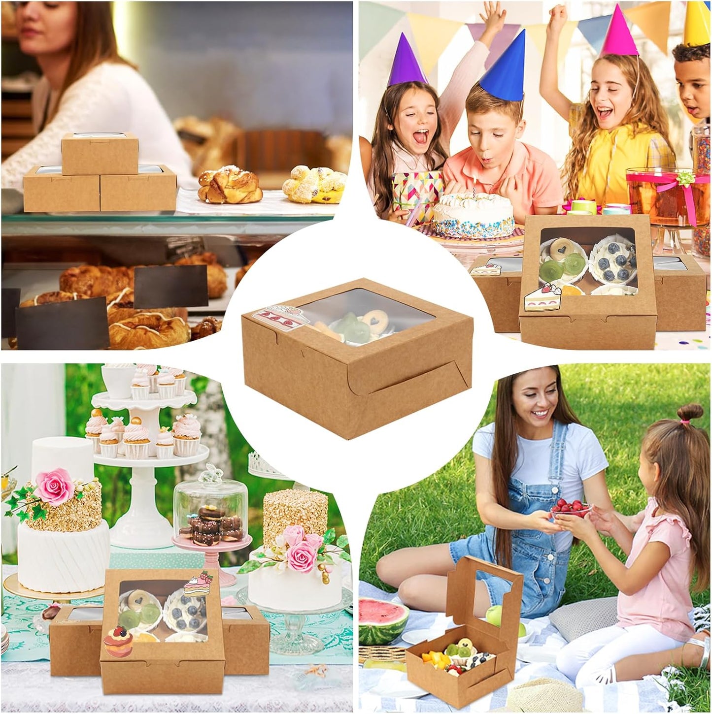 OAMCEG 50 Pack Cookie Boxes with Window, 6x6x3 Inches Brown Bakery Treat Boxes with Stickers & Twine for Pastry, Desserts, Strawberries, Cupcakes, Gift Giving