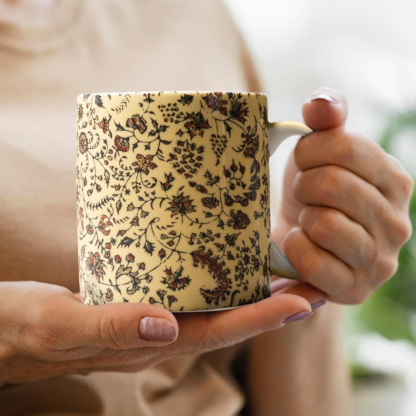 Maison d' Hermine Coffee Mug with Handles Fine Bone China Mugs Pack of One Tea Cups for Hot Beverages Cappuccino Latte Home Restaurant Office Perfect for Gift (Lakshmi - Daya, 12 Ounce)