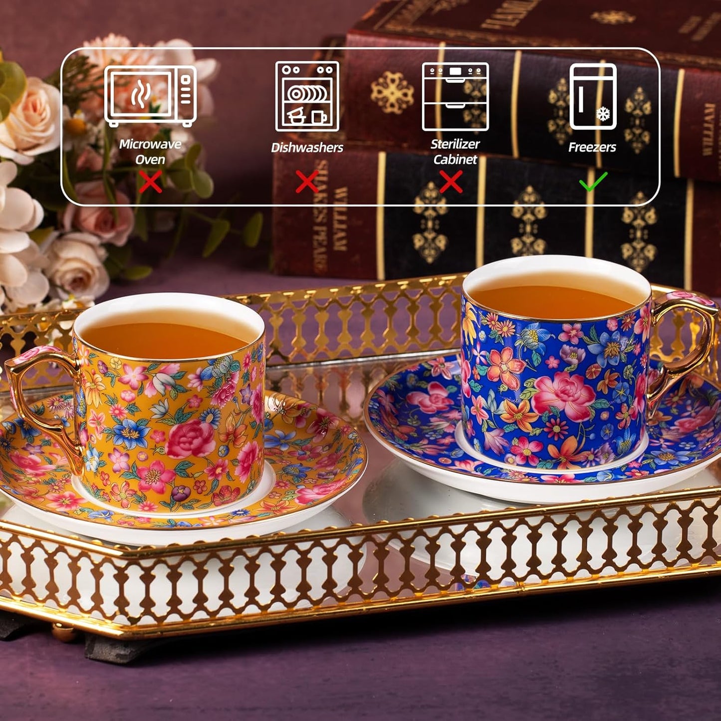 KAMMAK Tea Cups and Saucers Set of 2, Ceramic Coffee Cup with Saucer for Espresso, Cappuccino, 7oz Vintage Yellow and Blue Floral Porcelain Demitasse Mug for Home, Tea Party, Office