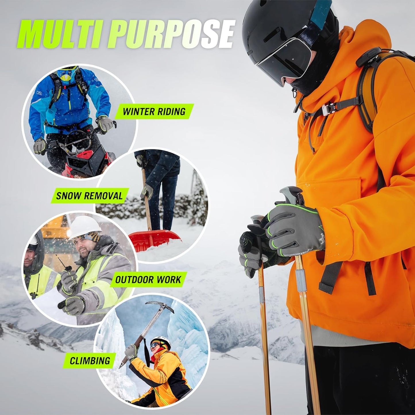 HANDLANDY Waterproof Insulated Work Gloves, 3M Thinsulate Thermal Winter Gloves for Men Women Touch Screen, Warm Ski Snowboard Cold Weather Gloves (Green-men Size, X-Large)