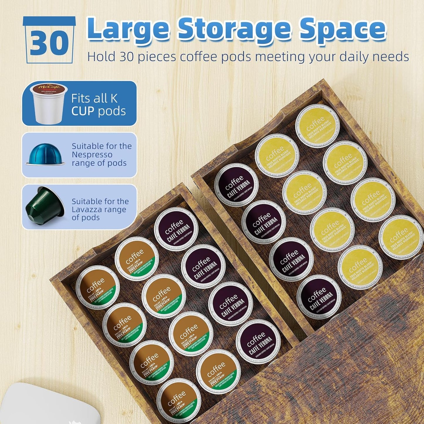 Simple Trending K Cup Organizer Coffee Pod Holder, Wooden K Pod Storage Drawer, Coffee Maker Machine Stand, 30 Pods Capacity