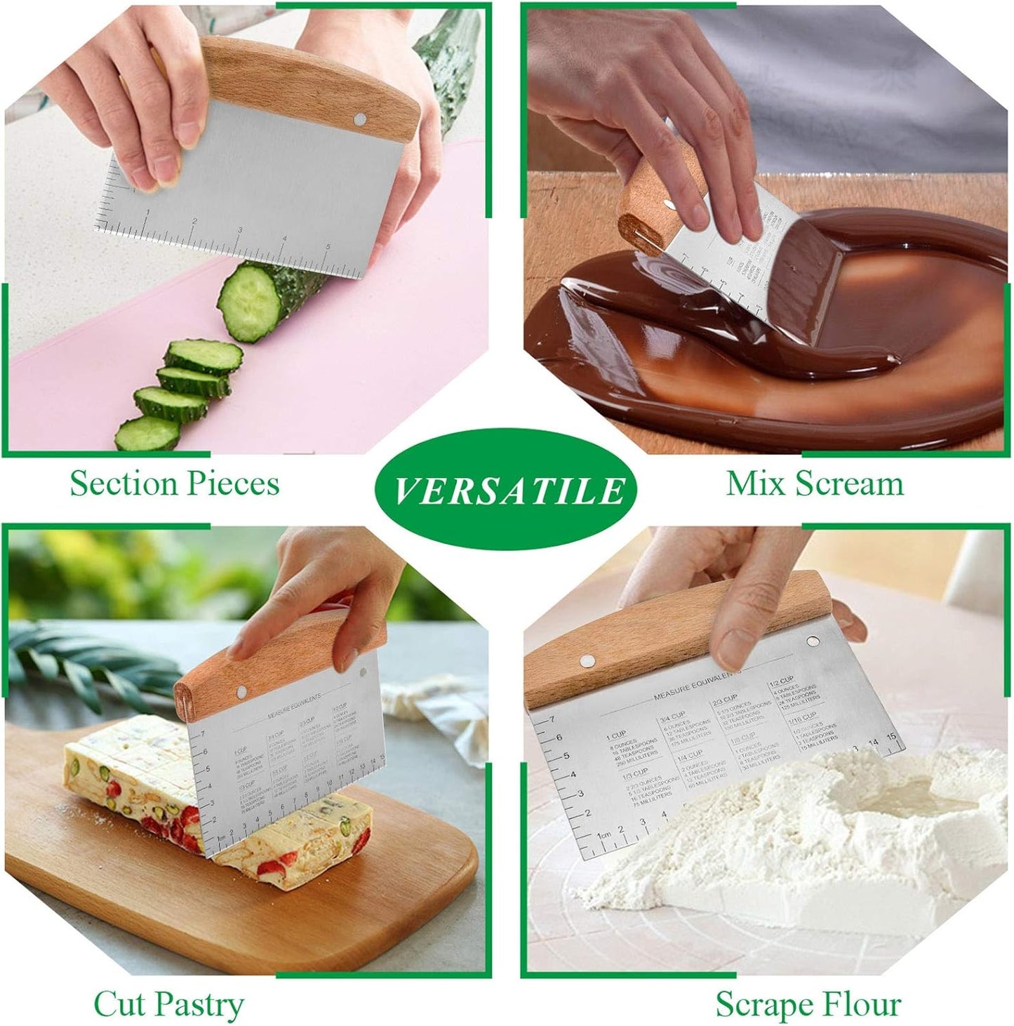 Bench Scraper Set of 2, HaSteeL Metal Dough Scraper Cutter Pastry Chopper with Wooden Handle, Heavy Duty Stainless Steel Griddle Scraper with Measuring Marks for Cooking Baking Grilling