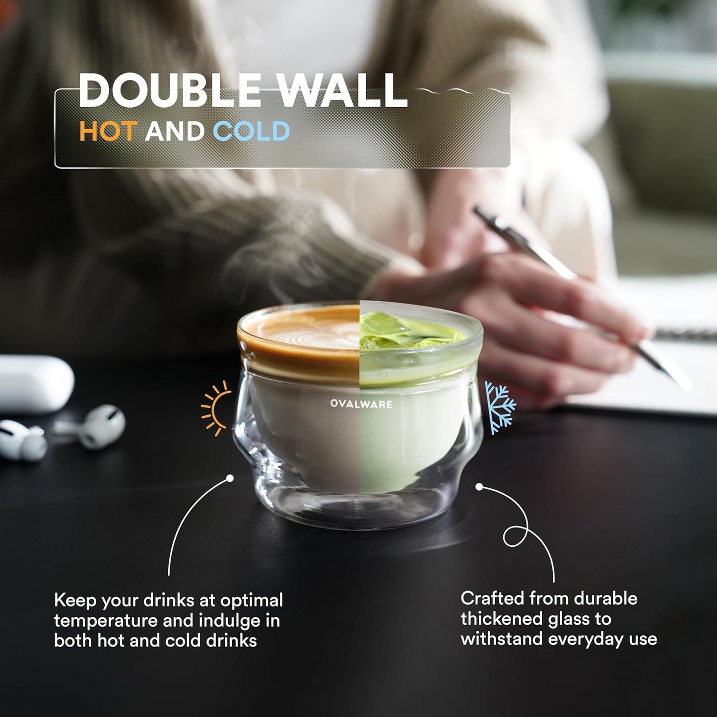 ovalware 8.5oz Double Wall Latte Cups, Latte Set of 2 - Latte Glasses for Cold & Hot Drink, Palm-Sized Cups with Wide Rim for Artistic Designs - Frost White
