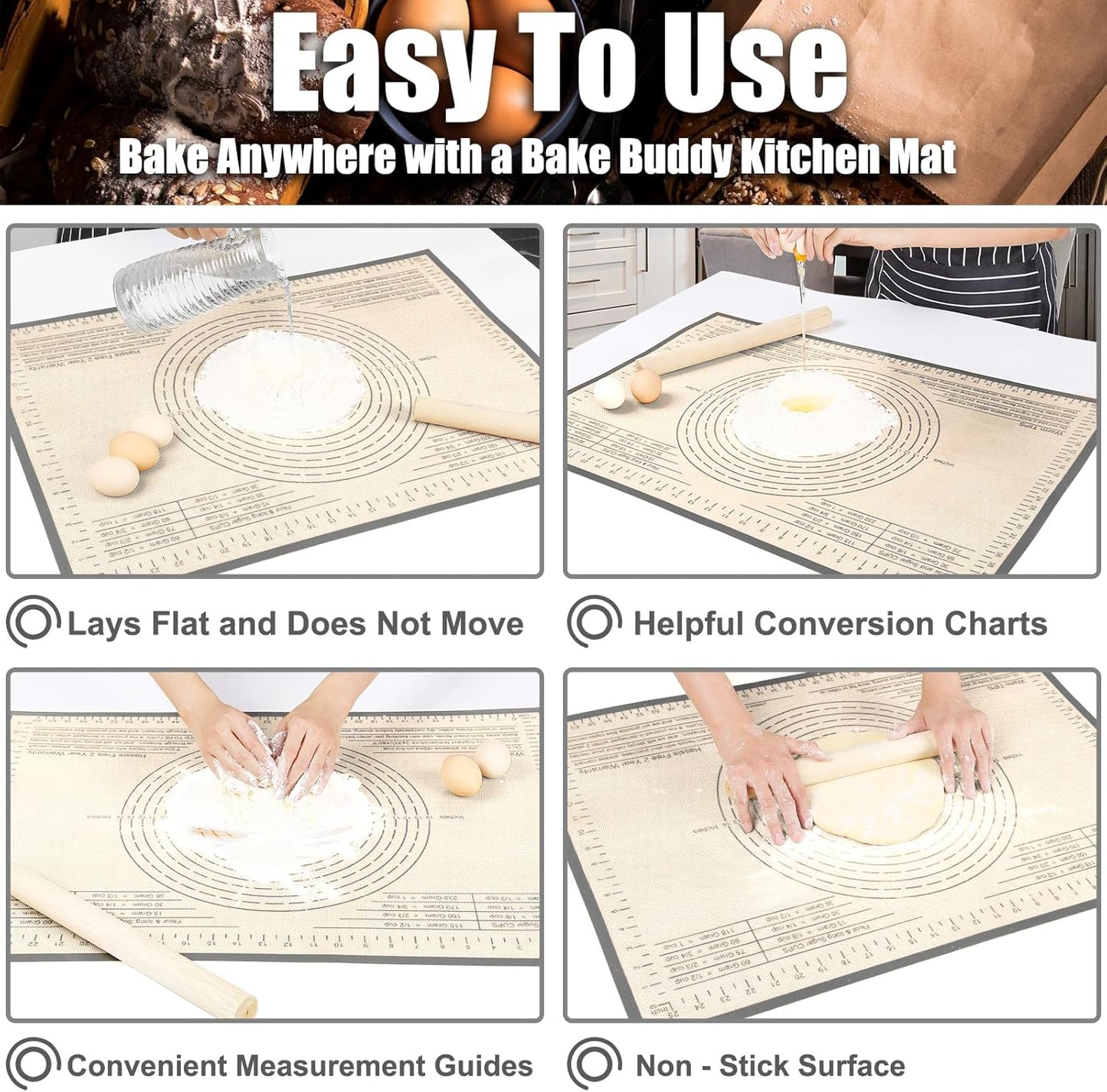 Silicone Pastry Mat 36x24 Inch Nonstick Baking Mat Perfect for Dough Mat, Pastry Board, Kitchen Counter Mat - For Dough, Pastry, Pie Crust, Fondant, Cookies, Bread, Pasta/Pizza, Grey