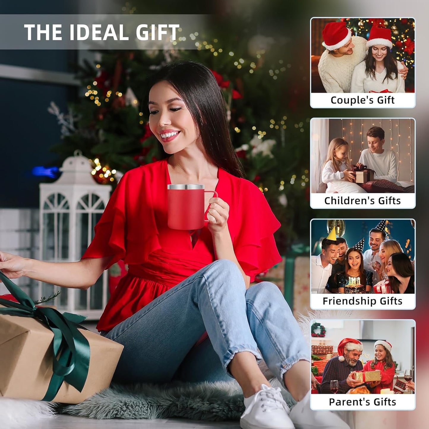 Volhoply 14oz Insulated Stainless Steel Coffee Mug with Lid Bulk 4 Pack,Double Wall Vacuum Travel Coffee Cup with Handle,Reusable Metal Cups Tumbler Cup,Camping Mugs Keep Hot,Ideal Gifts(Red,4)