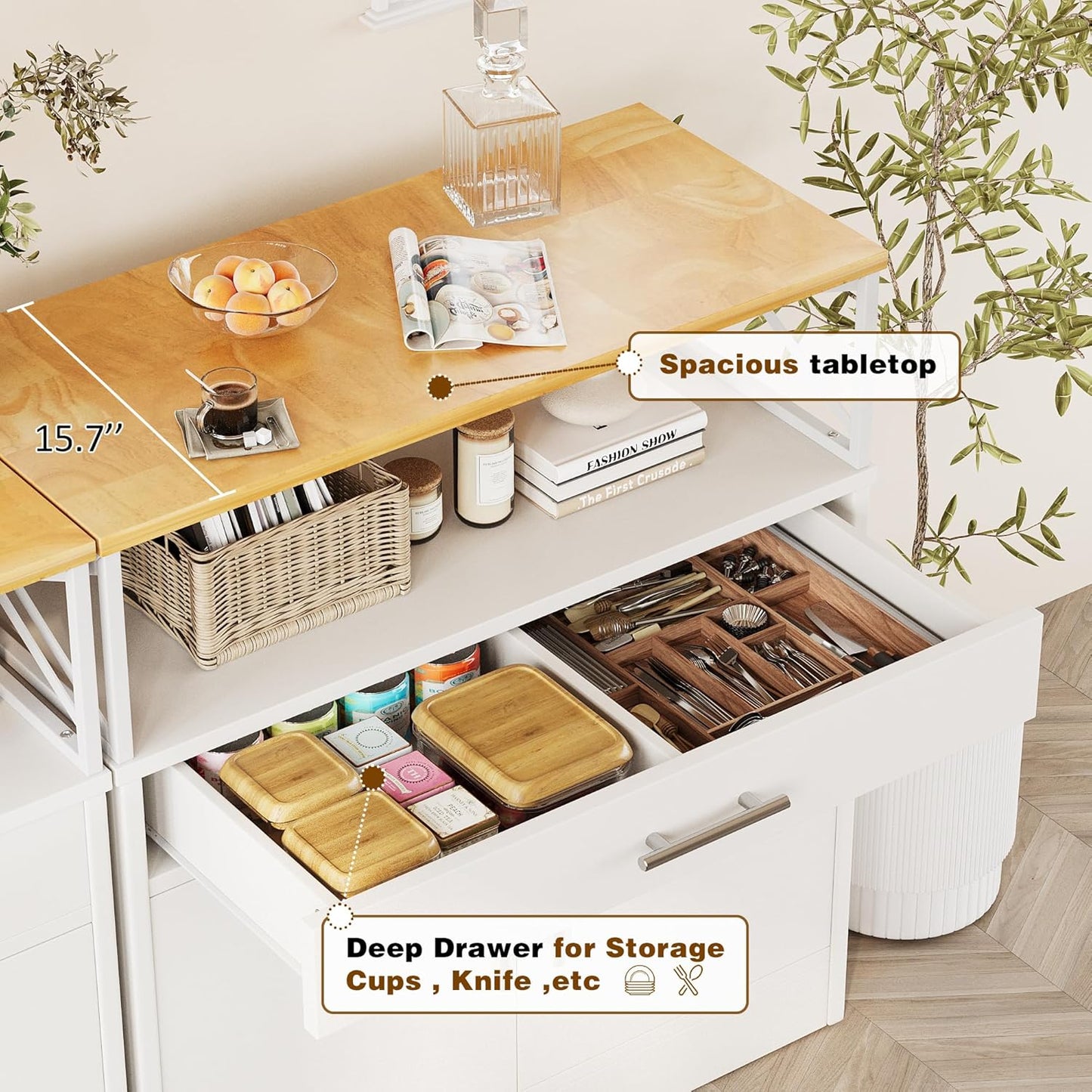 Vongrasig Sideboard Buffet Cabinet with Storage, 32” Modern Kitchen Storage Cabinet with Open Storage, Adjustable Shelf, Wood Farmhouse Coffee Bar Buffet Table for Kitchen, Dining Room, White