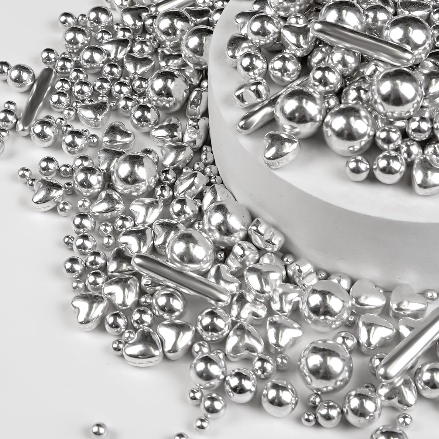 Silver Pearl Rods Heart Sprinkles, Baking Sugar, Silver Sprinkles for Cake, Mix Size, Cupcake Decoration, Holiday, Mother's Day, Wedding Party Supplies