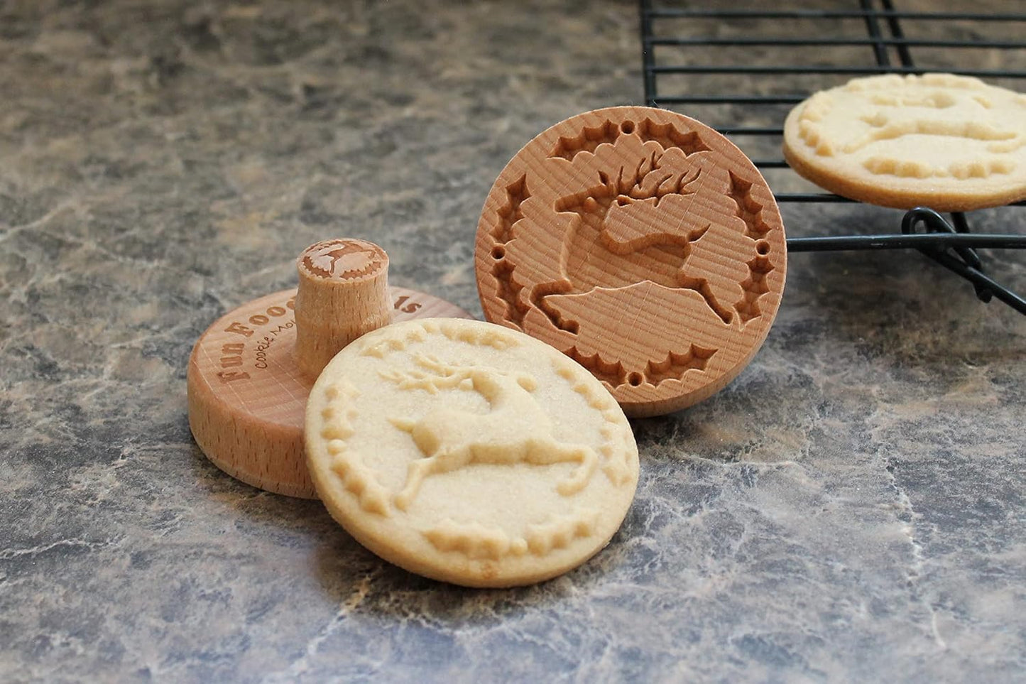 Wood Cookie Stamp, 2.5 Inch (Reindeer and Holly CS-049)