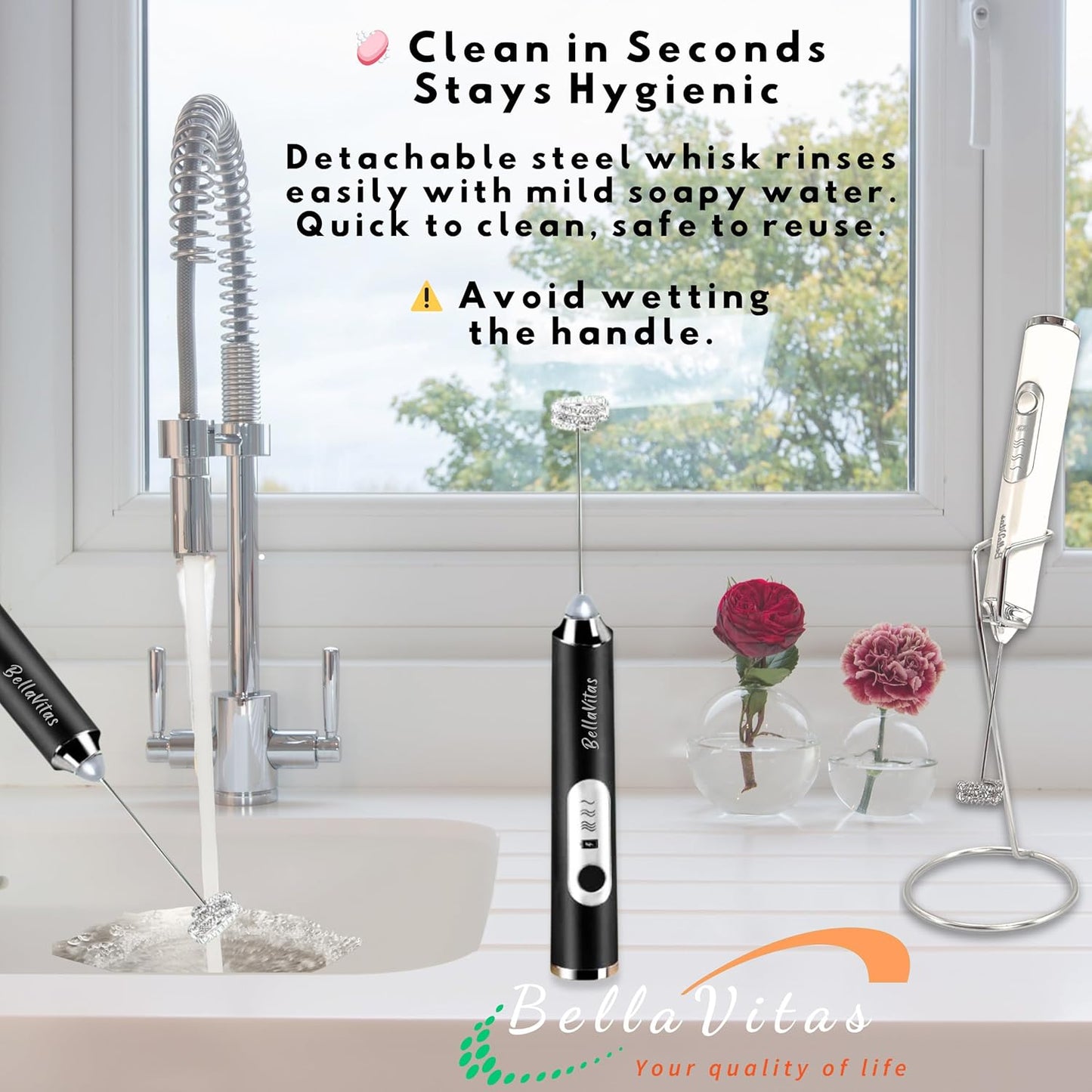 Milk Frother Handheld Rechargeable 3-Speed Electric Frother Wand Whisk Foam Maker Drink Mixer with Stand, 2 Whisks, Spice Shaker, Art Stencils, Art Pen for Coffee Latte, Cappuccino, Black