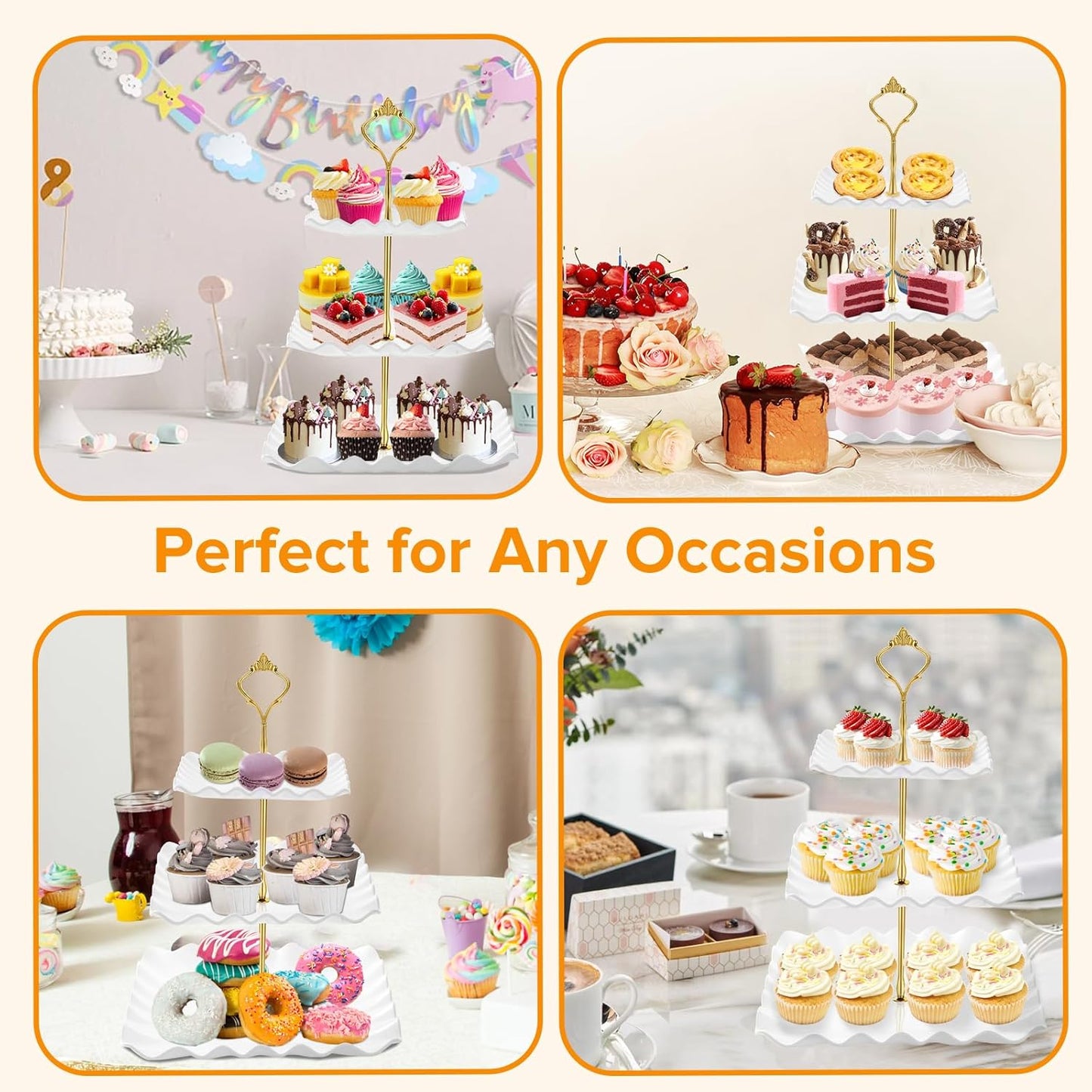 Hoedia 3 Tier Cupcake Stand Tower, Plastic White Cup Cake Holder for Dessert stands, Tiered Serving Tray for Tea Party, Birthday Party, Wedding Decor and Baby Shower(Square Wave)