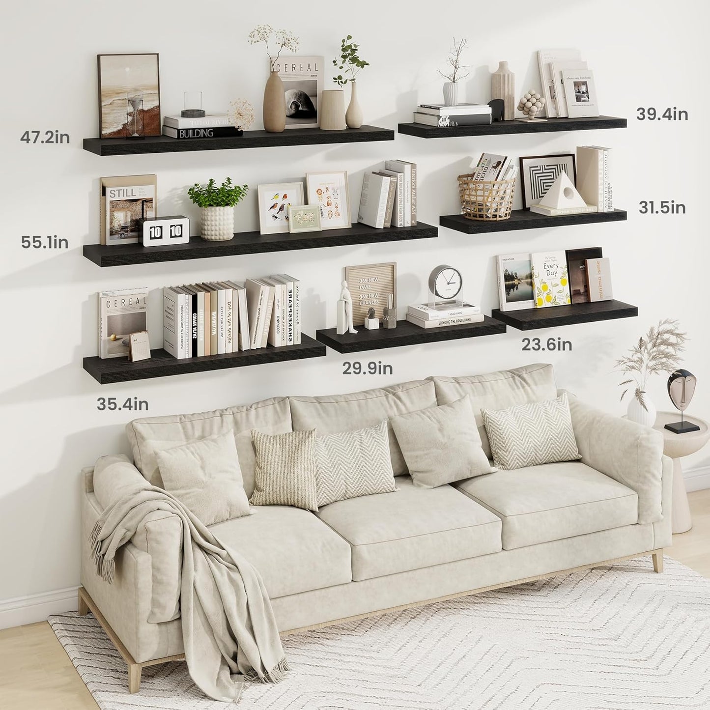 36 Inch Floating Shelves, 9.3 Inch Deep Rustic Wall Shelves - Extra Deeper Wall Mounted Storage Shelves for Bathroom, Kitchen, Living Room (Black, Set of 2)