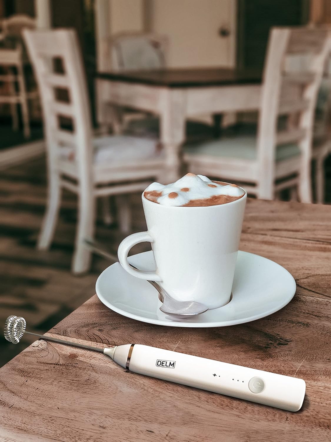 Delm Milk Frother Electric USB Stainless Steel Accessory - Frother Wand Foam Maker for Lattes - Milk Frother Handheld for Cappuccino, Frappe, Matcha, Hot Chocolate - Frother for Coffee (white)