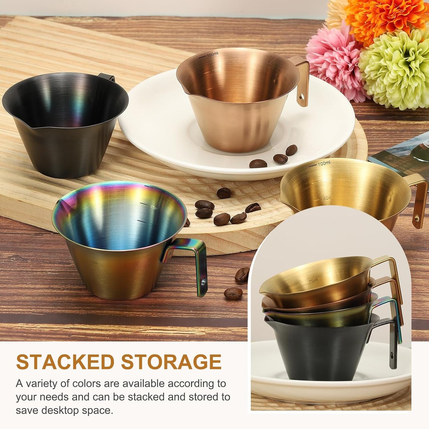 uxcell 1 Pcs Stainless Steel Espresso Cup with Handle, V-Shaped Mouth Espresso Measuring Cup with Scale for Preparing Coffee, Cocktails, 3.4OZ/100ML (Iridescent)