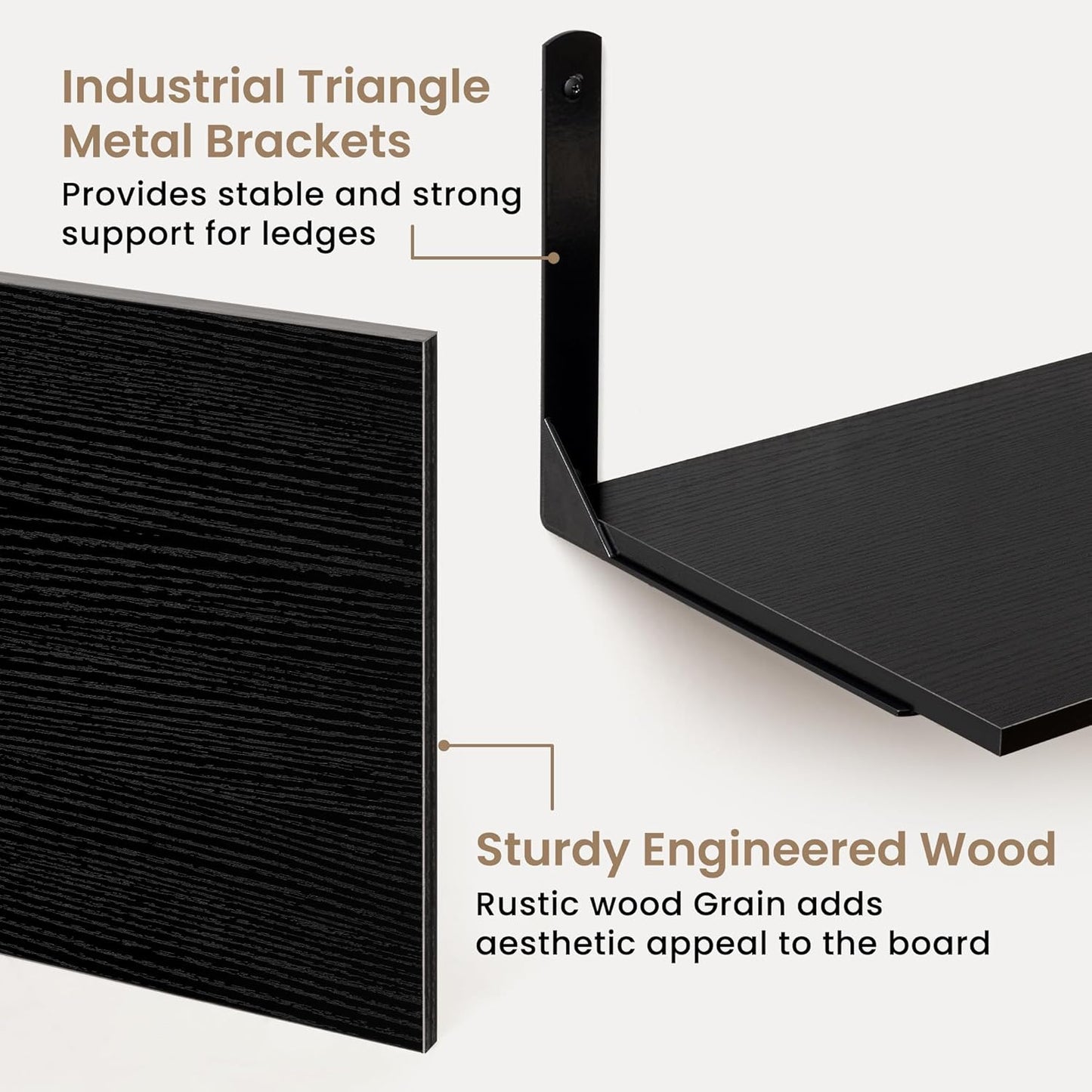 Fun Memories Floating Shelves for Wall, 12 Inch Deep Floating Shelves Set of 2, Wall Mounted Shelf with Metal Brackets, Rustic Wood Wide Shelf for Bathroom, Kitchen and Living Room, Black, 16W x 12D