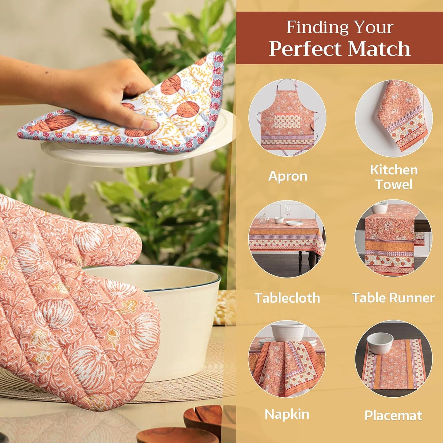 Maison d' Hermine 100% Cotton Oven Mitt & Pot Holder Set (7.5"x13" & 8"x8") Heat Resistant BBQ Cooking Gloves with Loop, Baking, Grilling, Kitchen, Handling Hot Pans (Harvest Festival)