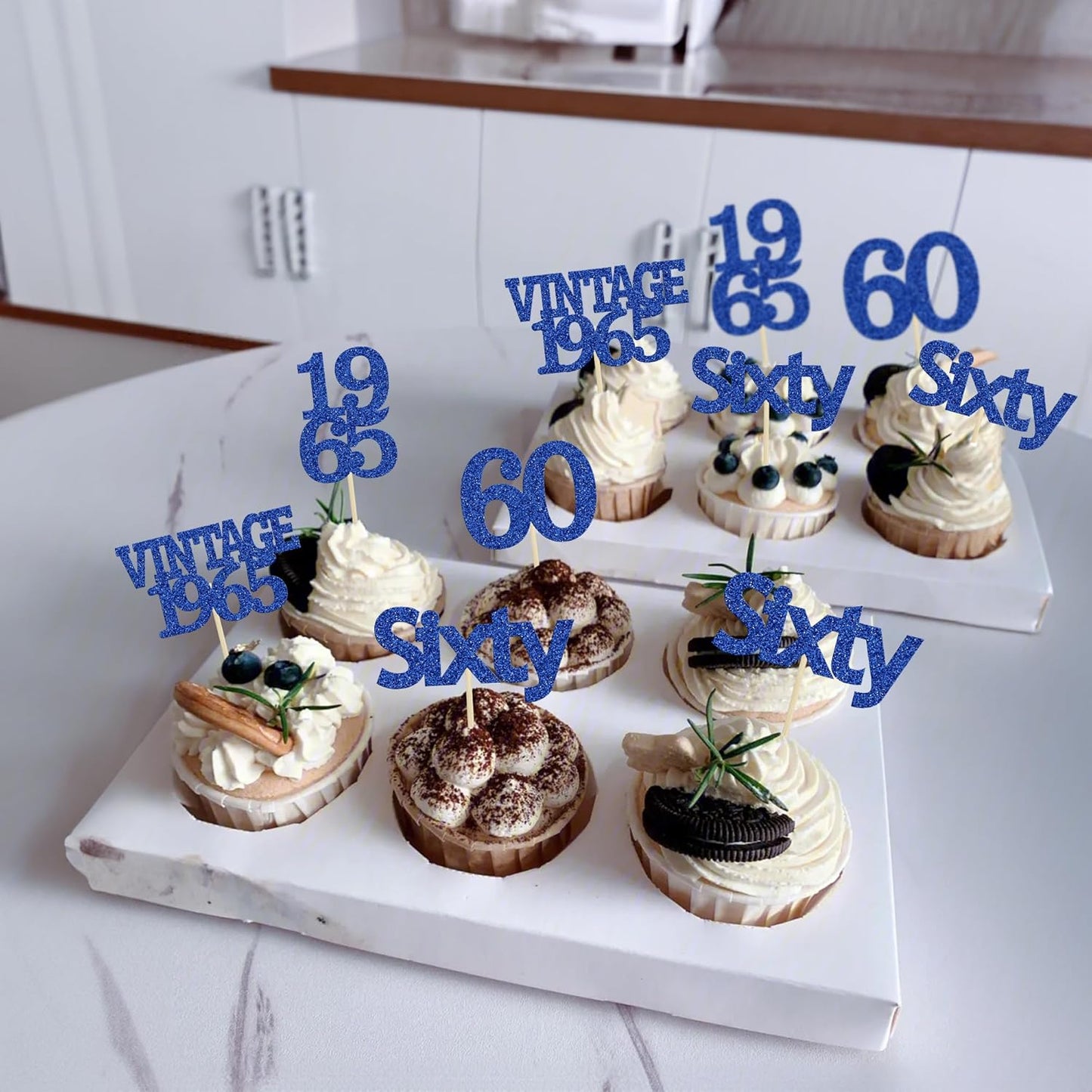 Gyufise 24Pcs Vintage 1965 Cupcake Toppers Cheers to 60 Fabulous Sixty Cupcake Picks Decorations for 60th Birthday Wedding Anniversary Party Cake Decorations Supplies Deep Blue