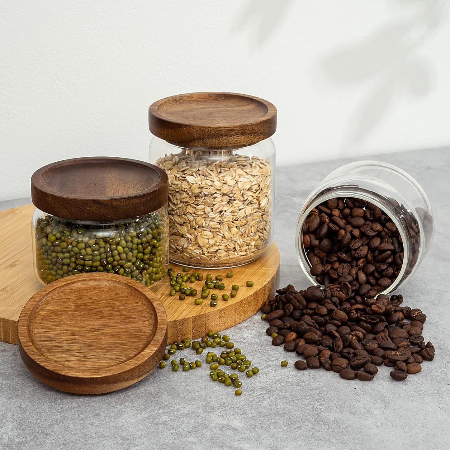 1 PC Small Glass Storage Jars with Airtight Lids, 17 fl oz (500ml) coffee container with Wooden Lid, Glass Pantry Canister for Beans, Rice, Sugar and etc