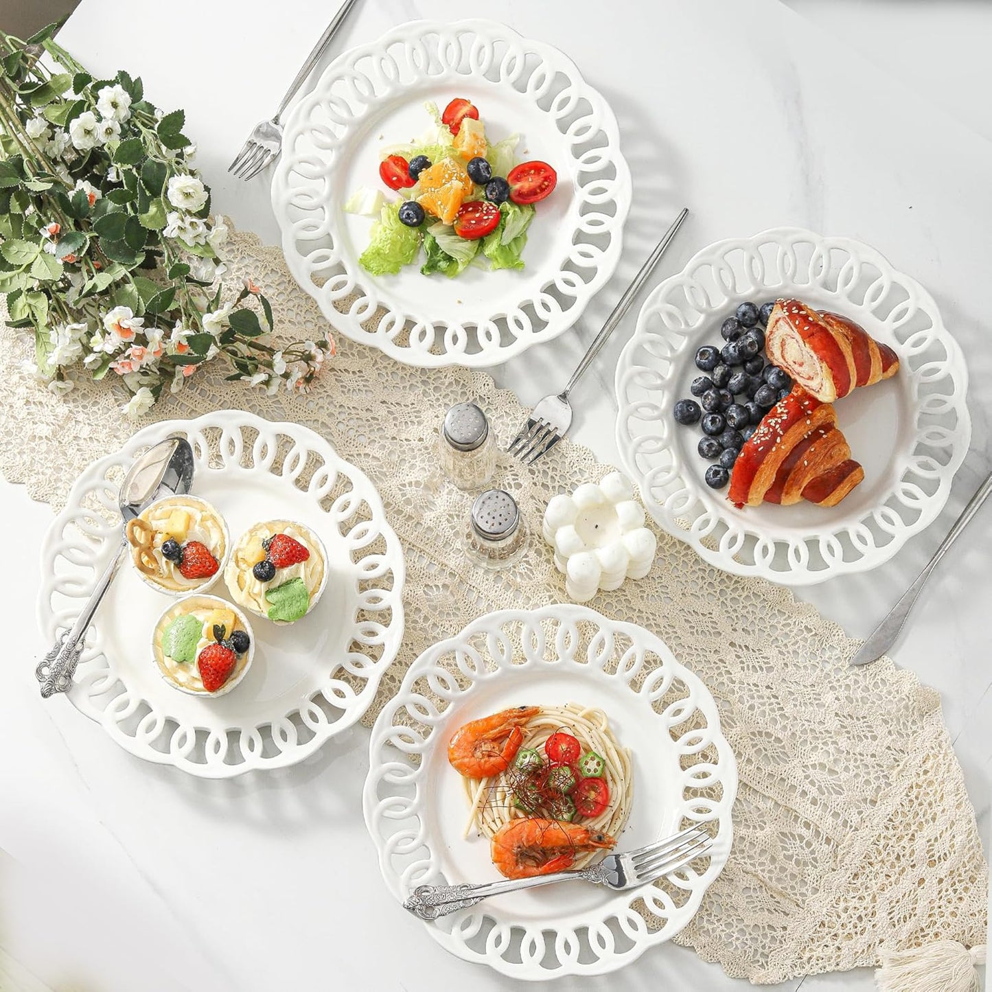 4 Pack 10" Dinner Serving Plates with Lace Rim, New Bone Porcelain Round Tableware Plates with Unique Hollow Out Design Scolloped Edge, White Dishes for Daily Use or as an Excellent Plate Idea