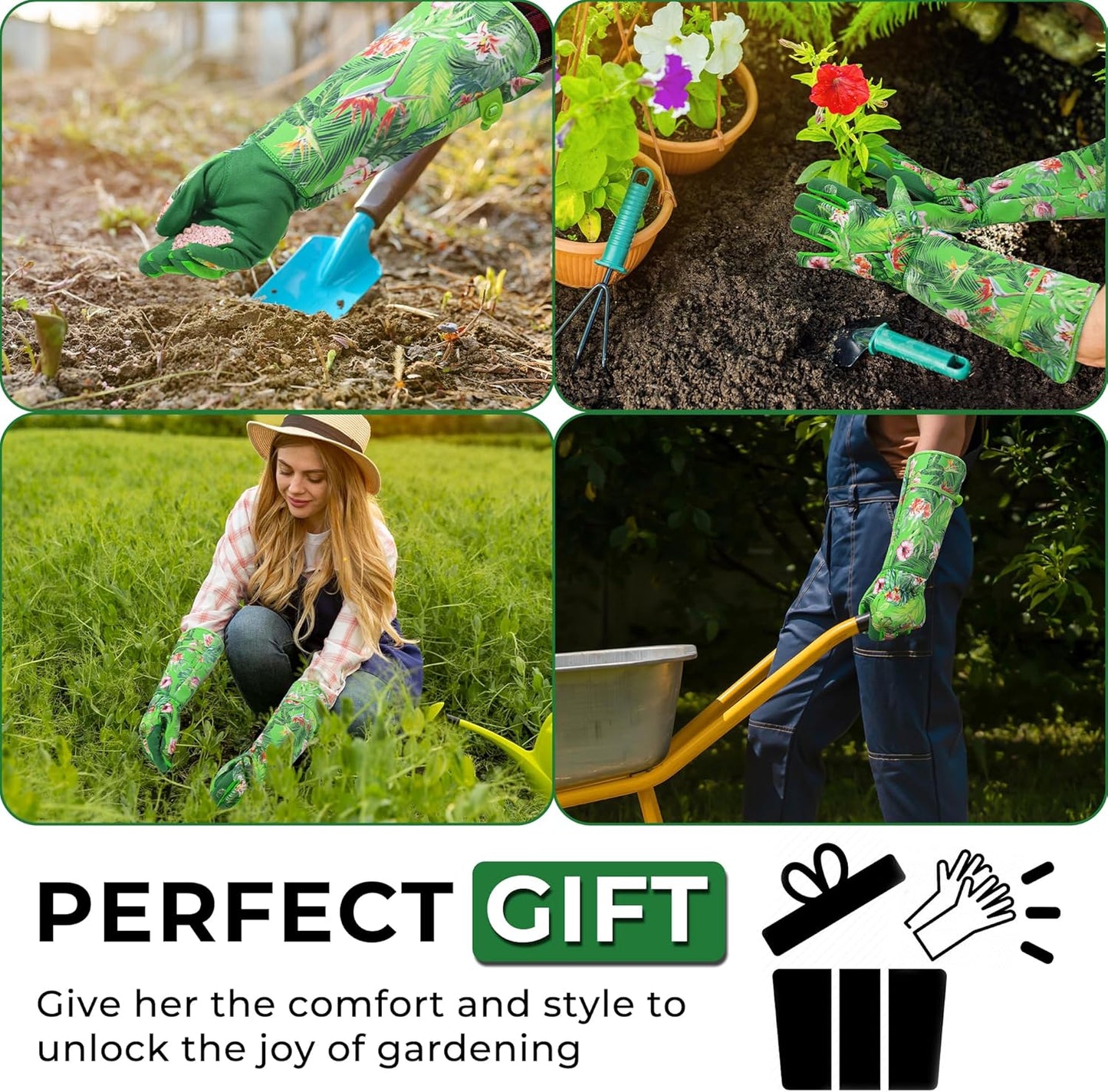 HANDLANDY Women Gardening Gloves, Scratch Resistant Breathable Ladies Rose Pruning Long Gauntlet Floral Print Garden Yard Gloves, Gift for Gardeners (Green, L)