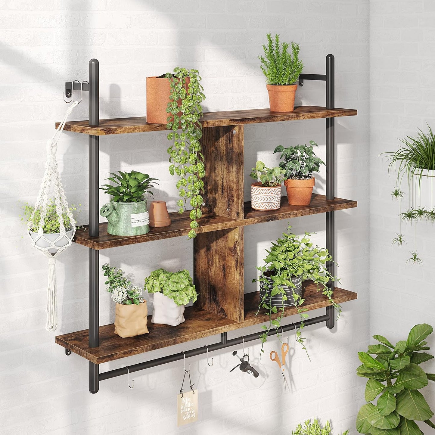 Bestier Floating Pipe Shelving Kitchen Shelves Wall Mounted 3 Tier 41.5" Ladder Coffee Bar Shelf Hanging with Circular Tube, Display Bookshelf Storage for Living Room Kitchen, Rustic Brown