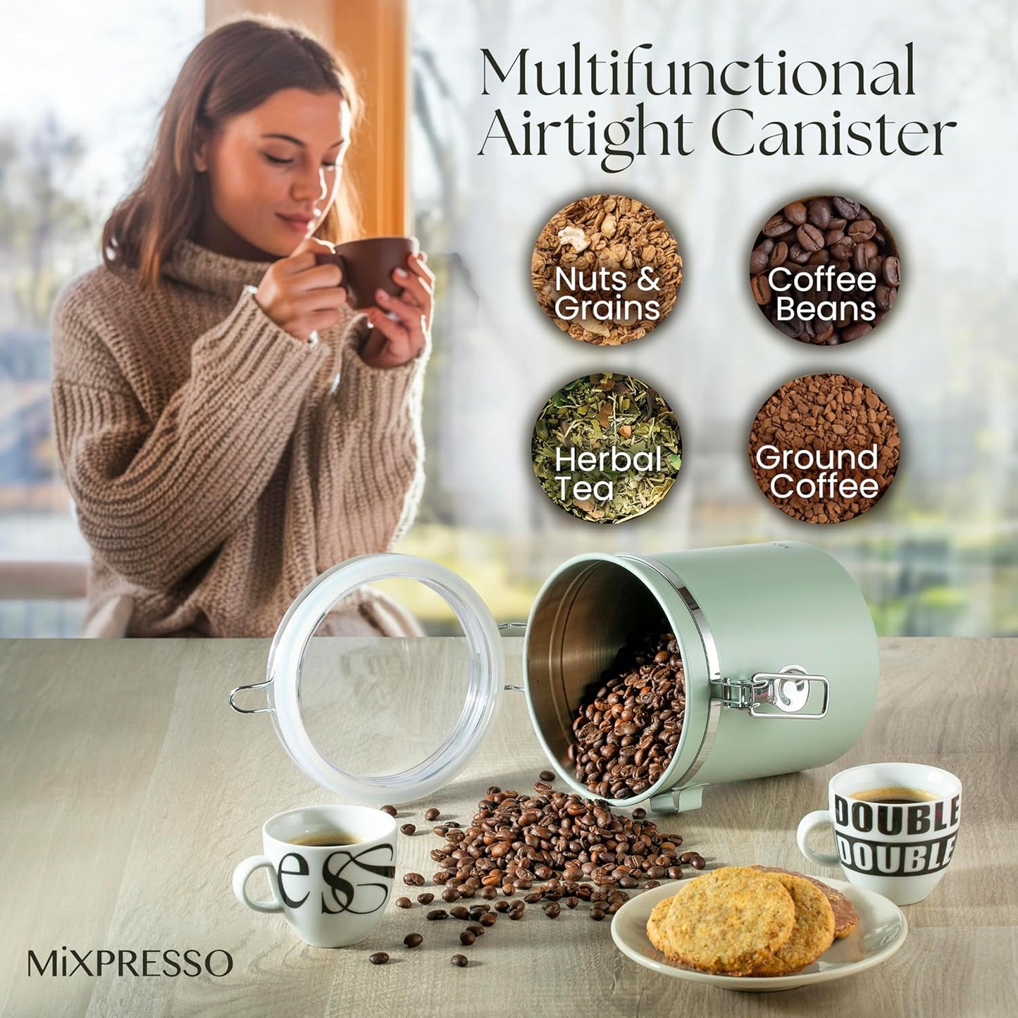 Mixpresso Green Coffee Canister, 16oz Airtight Stainless Steel Kitchen Food Storage Container with Clear Lid and Spoon. for Grounds Coffee, Beans, Tea, Flour, Cereal, Vacuum Sealed Sugar Container